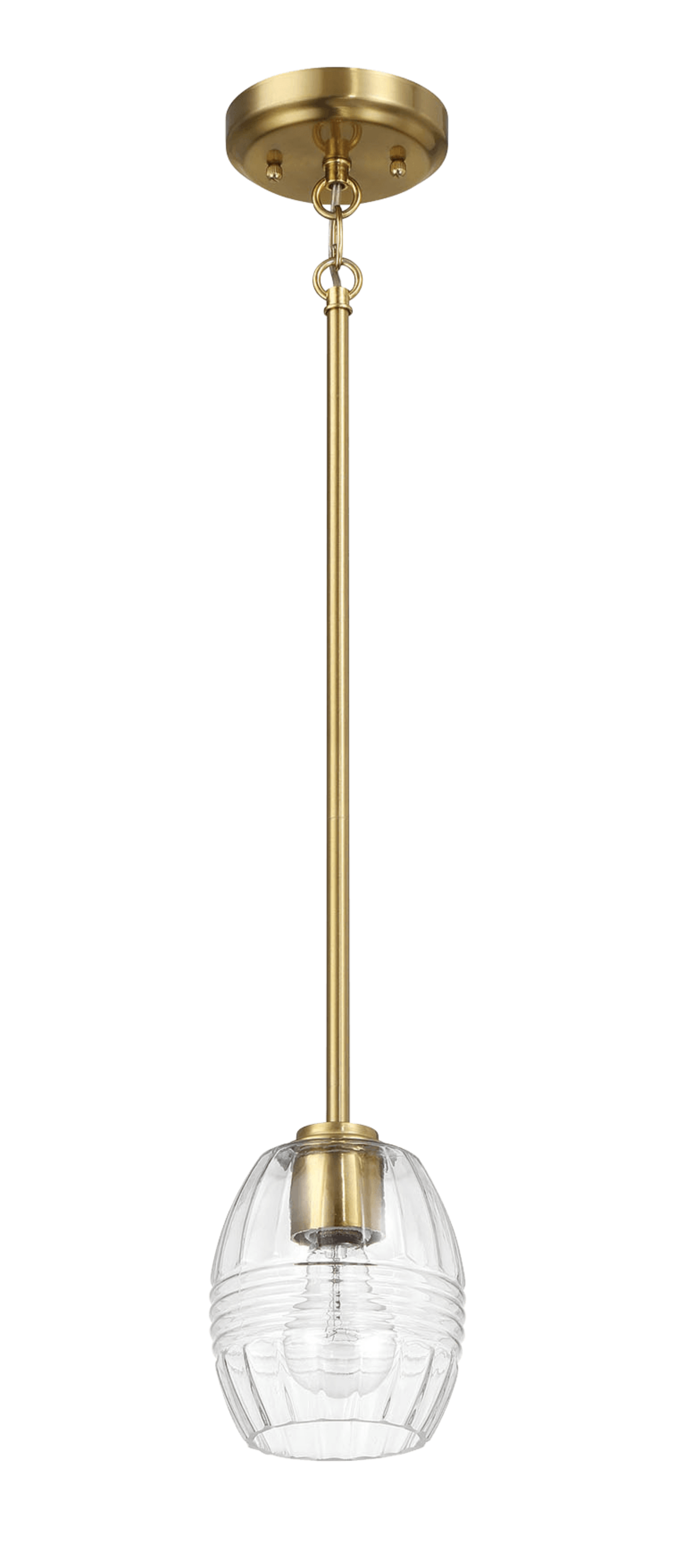 Brass pendant light with clear ribbed glass shade ideal for modern kitchens