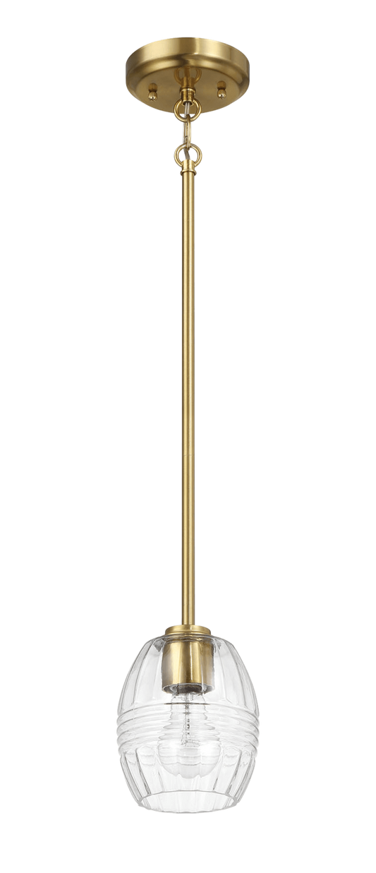 Brass pendant light with clear ribbed glass shade ideal for modern kitchens