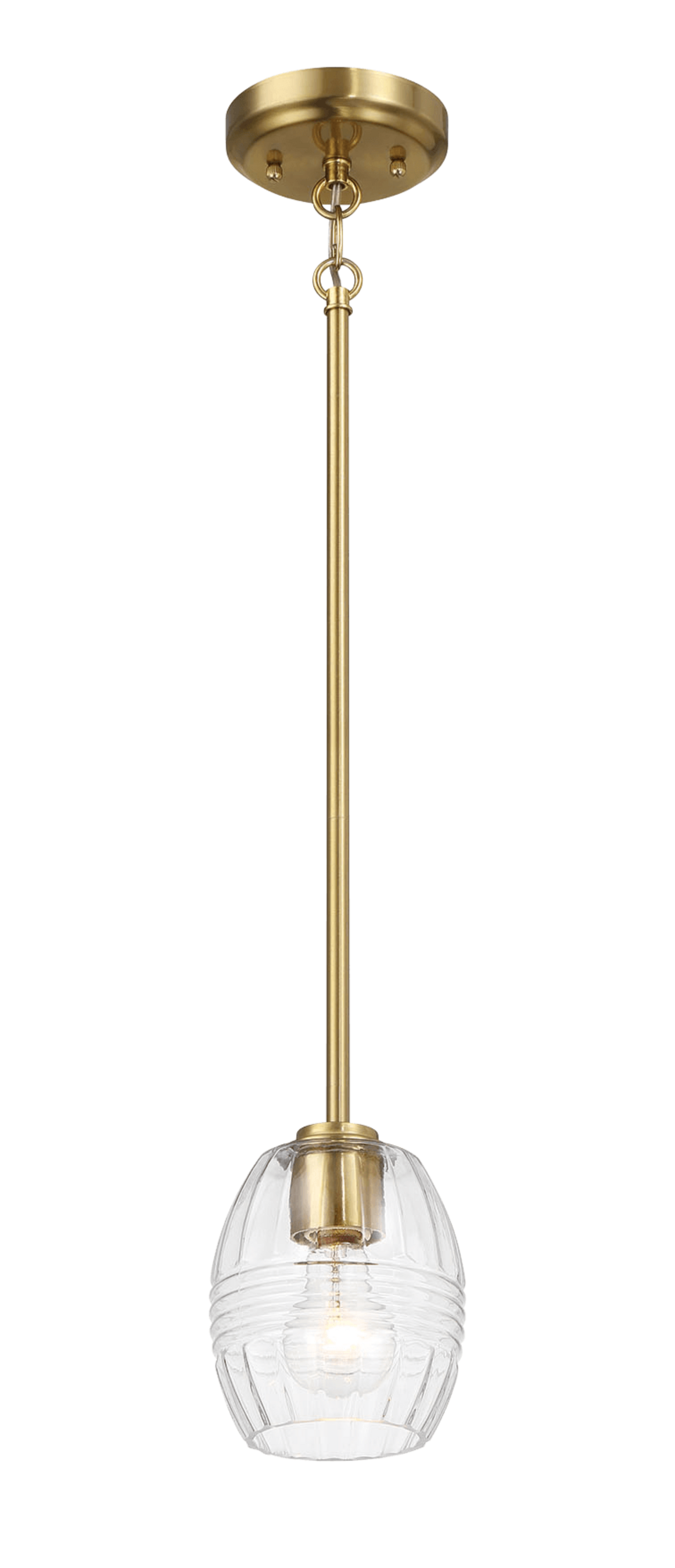 Modern brass pendant light with a clear fluted glass shade perfect for kitchens