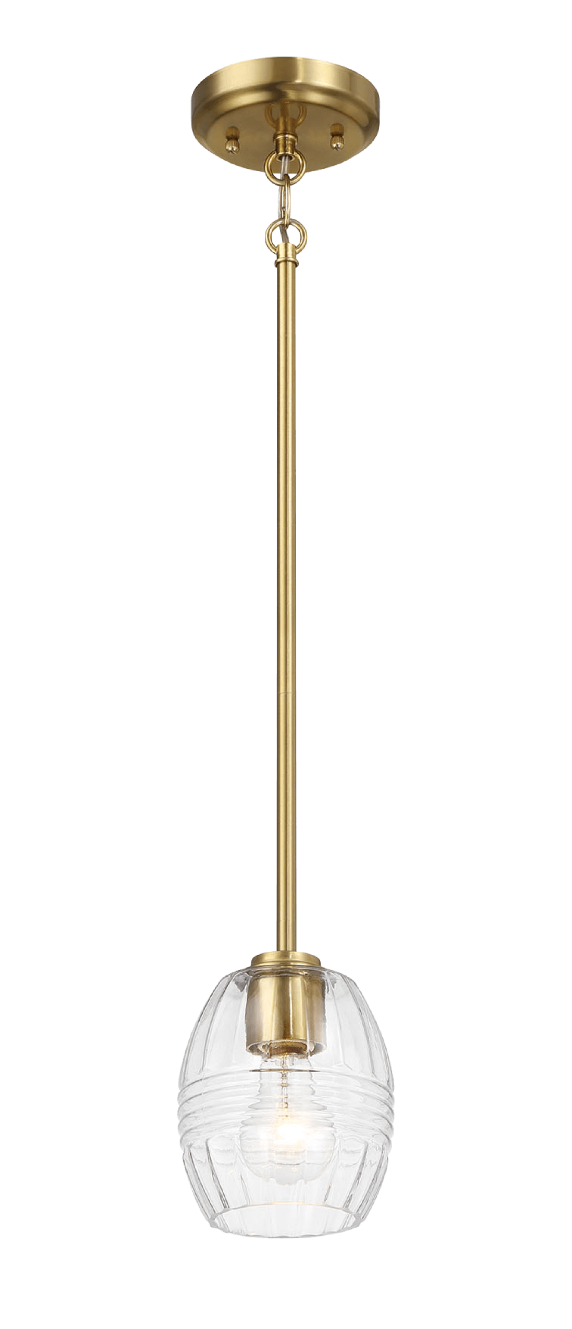 Modern brass pendant light with a clear fluted glass shade perfect for kitchens