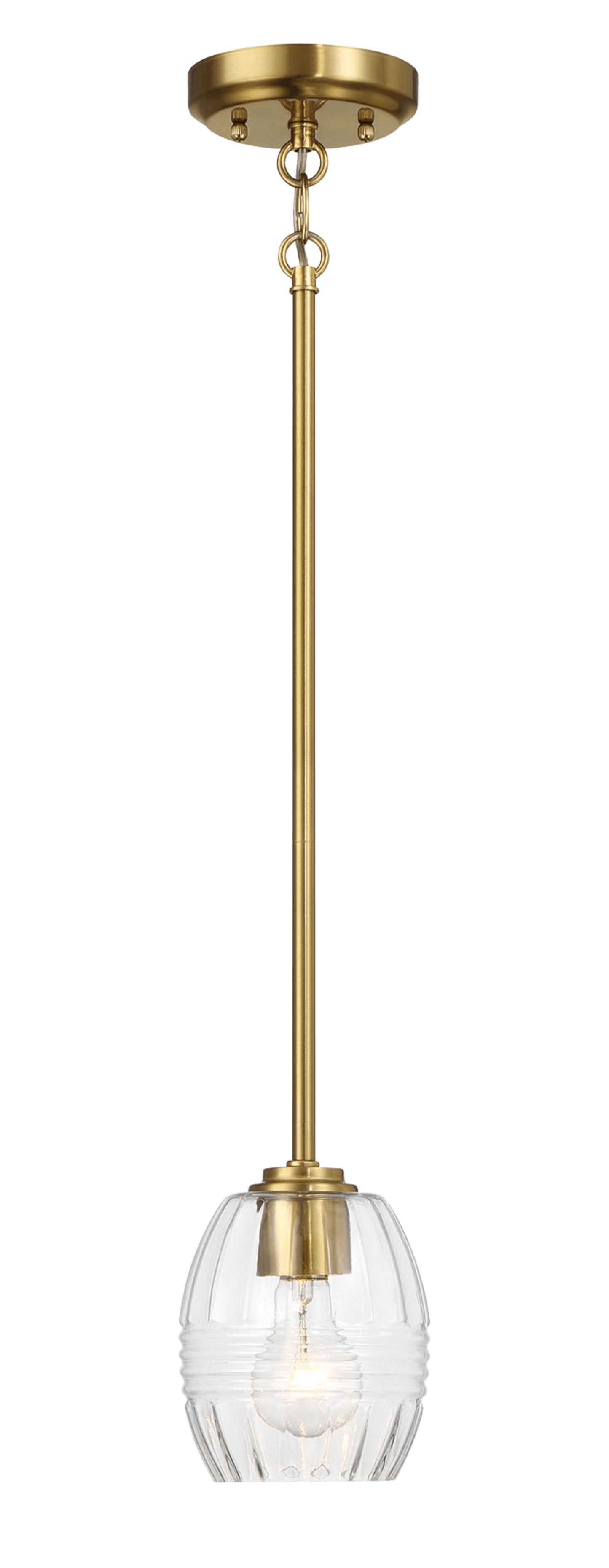 Modern brass pendant light with a clear fluted glass shade for ambient lighting