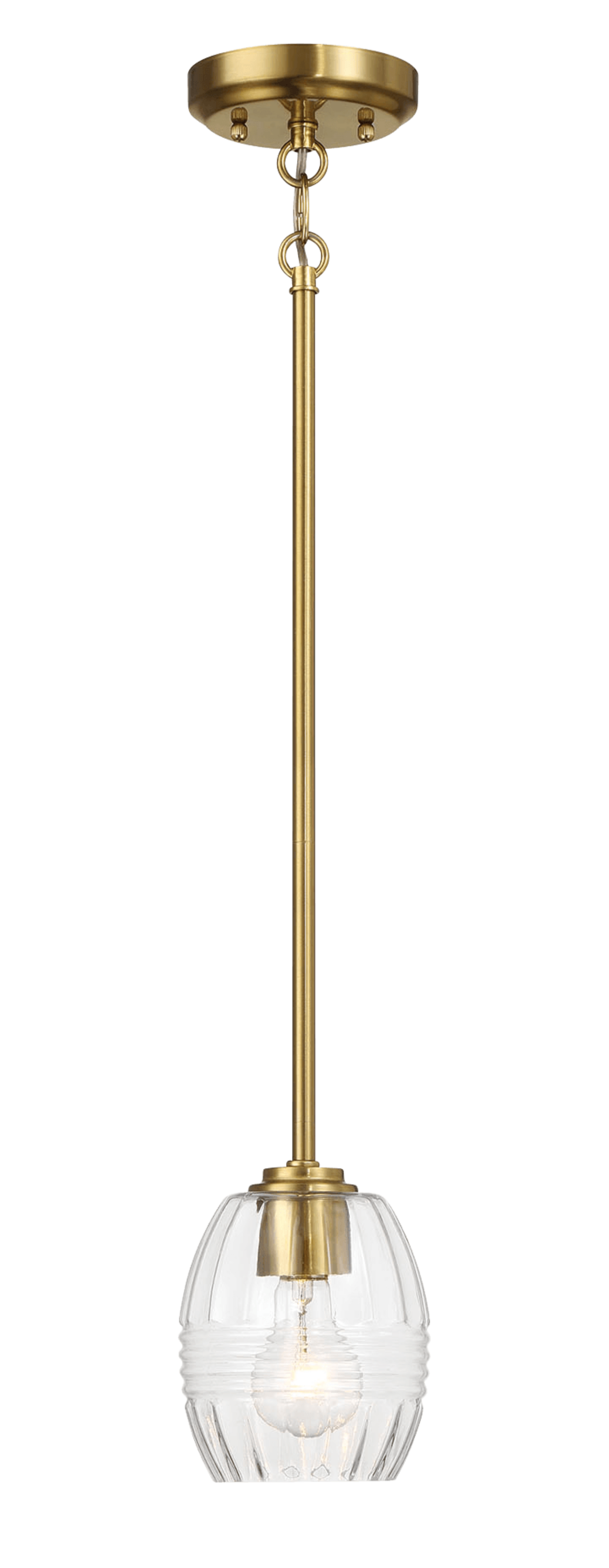 Modern brass pendant light with a clear fluted glass shade for ambient lighting