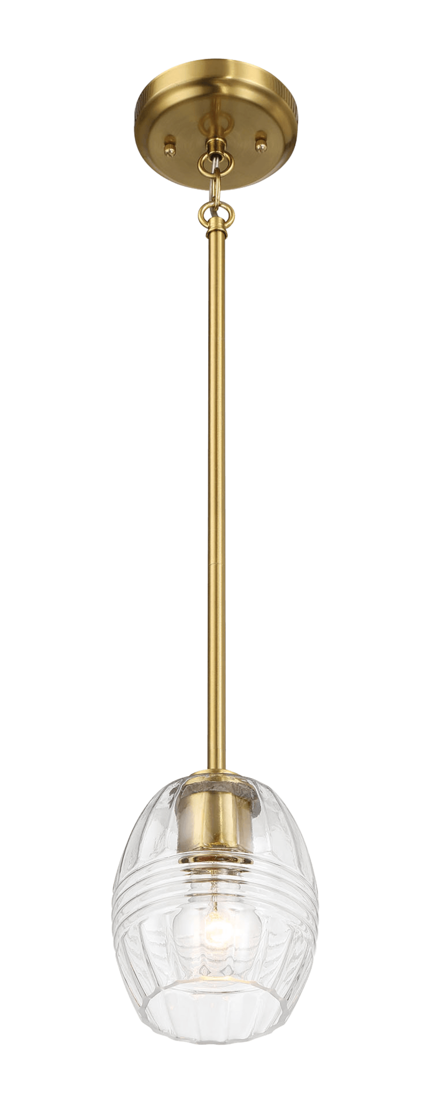 A brass pendant light with a ribbed clear glass globe shade illuminates a space