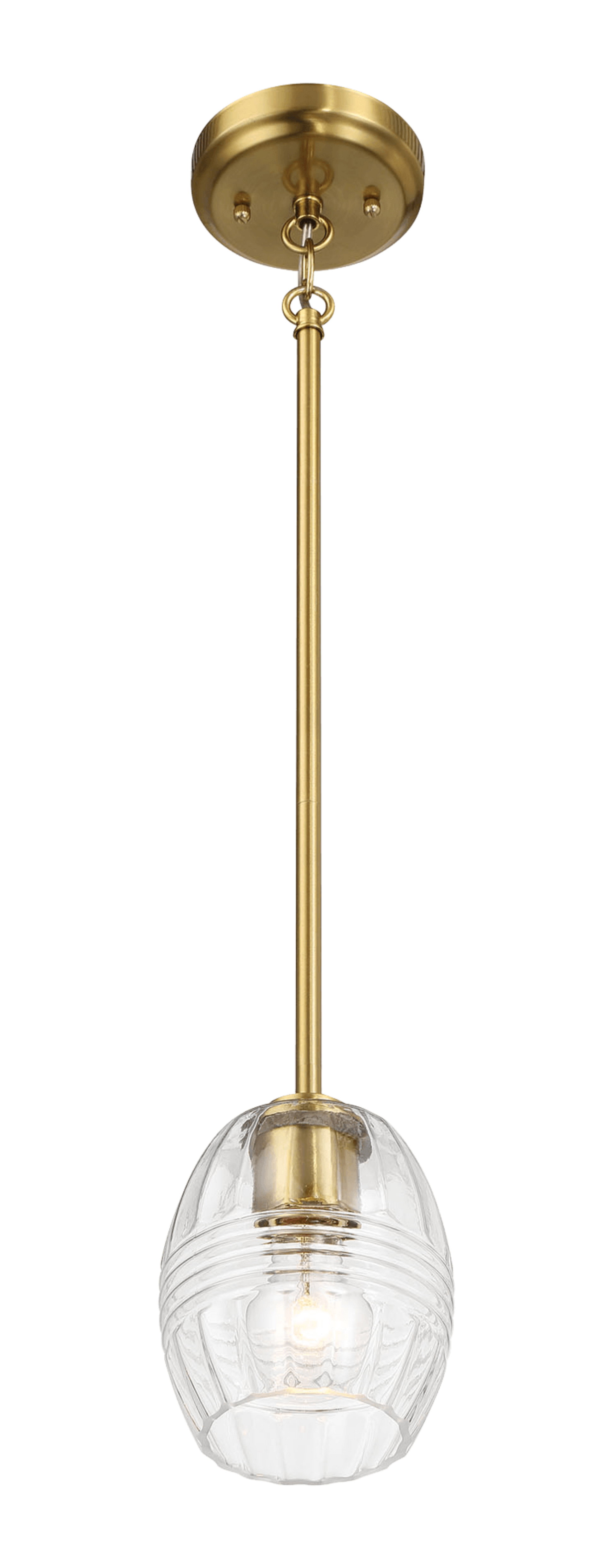 A brass pendant light with a ribbed clear glass globe shade illuminates a space