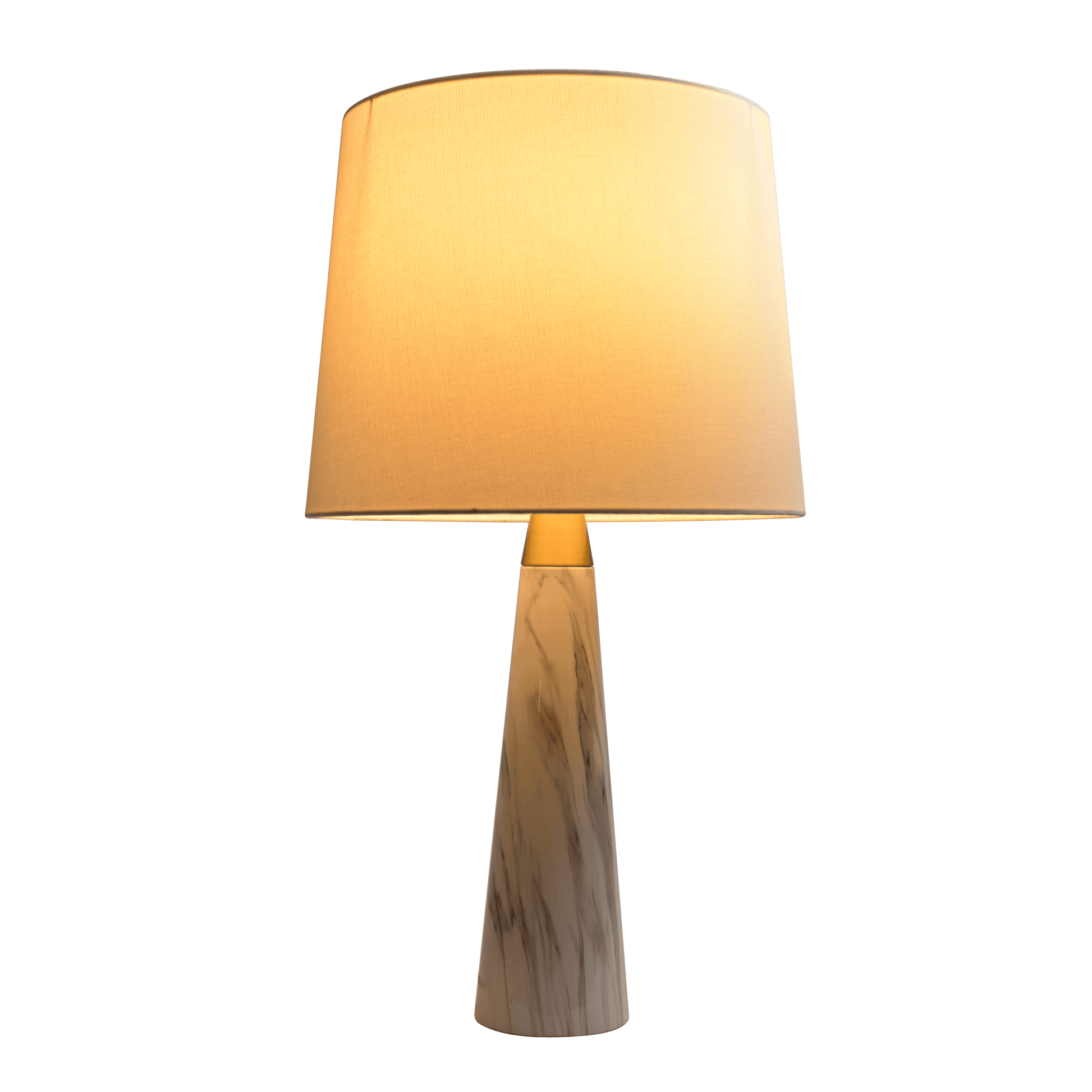 Cream fabric lampshade on a tapered marble base table lamp with brass accents