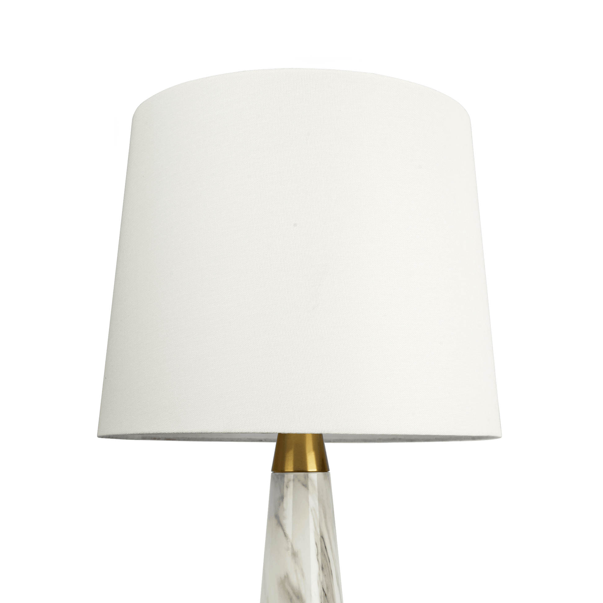 White drum lampshade with brass accent on a marble base modern accent lamp