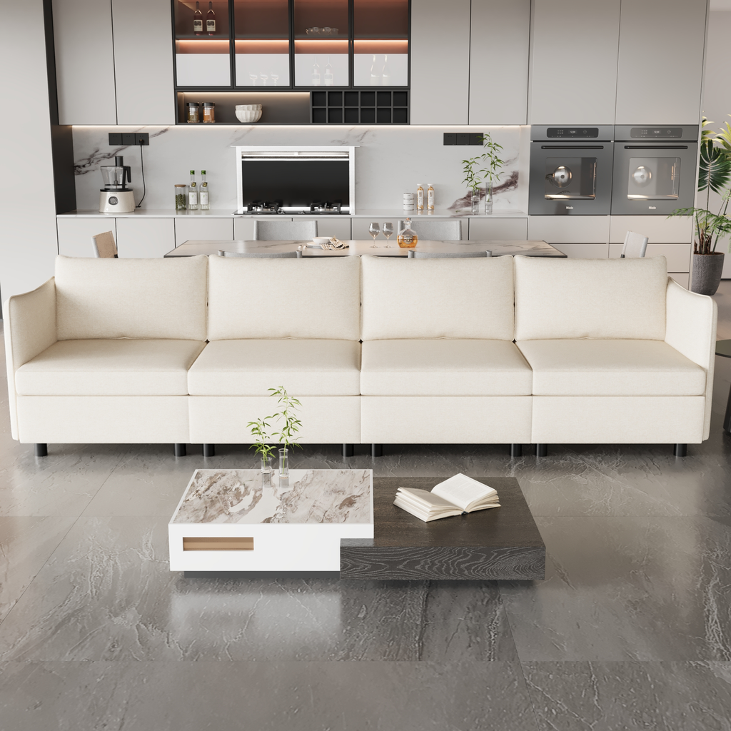 Cream fabric sectional sofa in modern living room setting