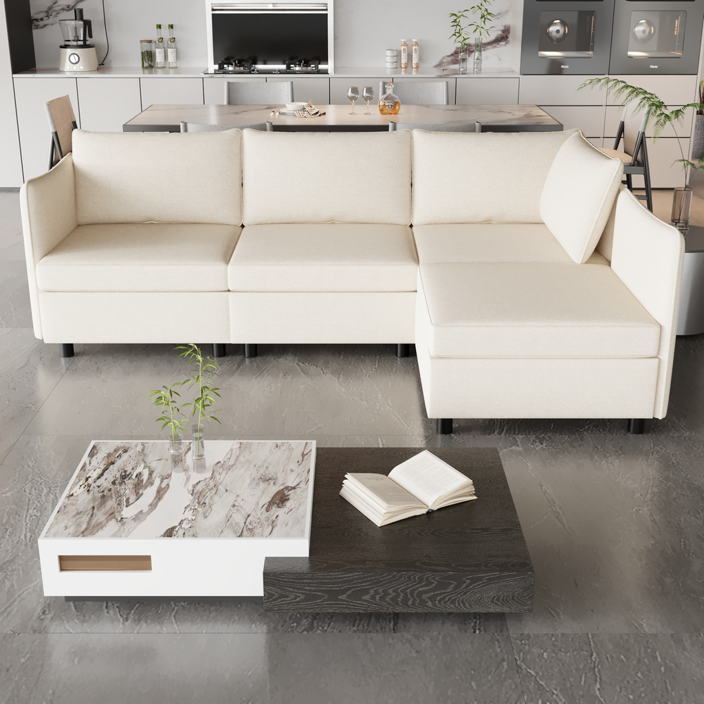 Cream fabric sectional sofa with clean lines and plush cushions