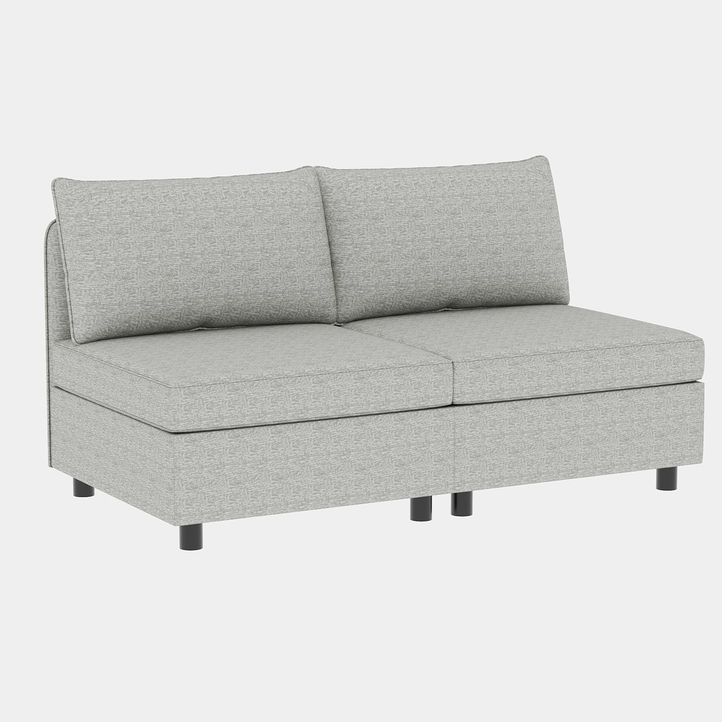 Gray textured fabric loveseat with two seat cushions and two back pillows on black legs