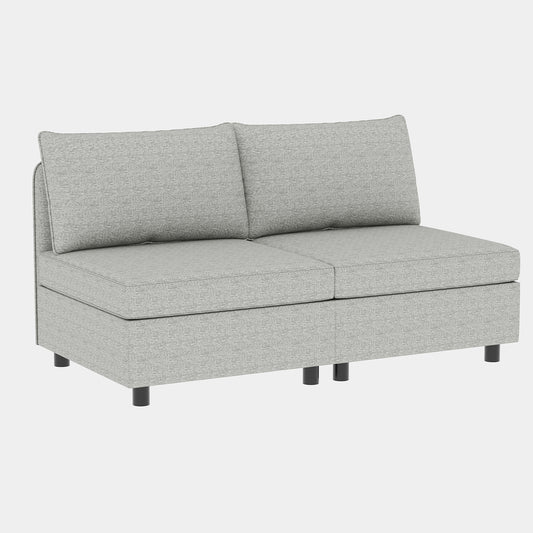 Gray textured fabric loveseat with two seat cushions and two back pillows on black legs