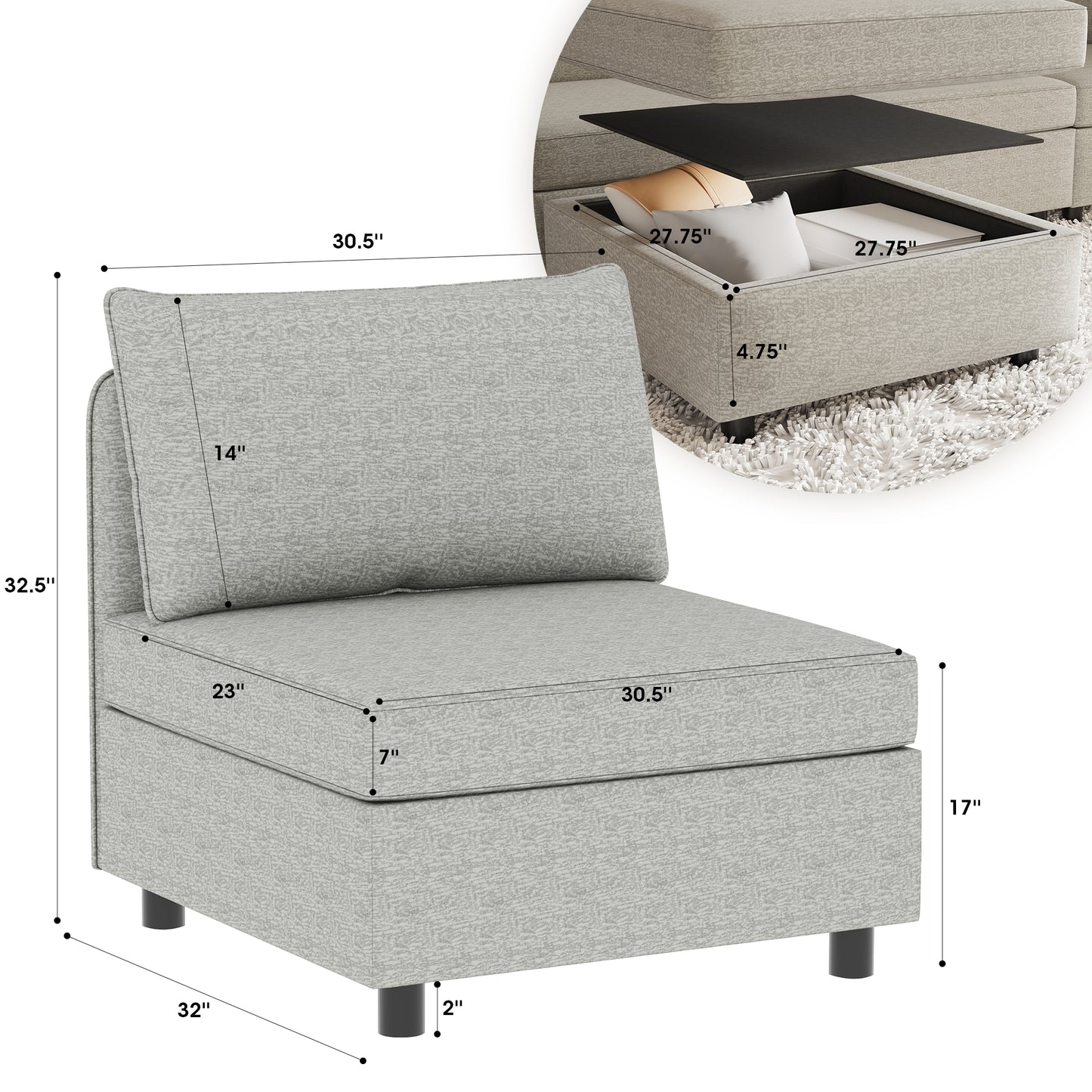 Gray fabric modular sofa armless chair with storage ottoman