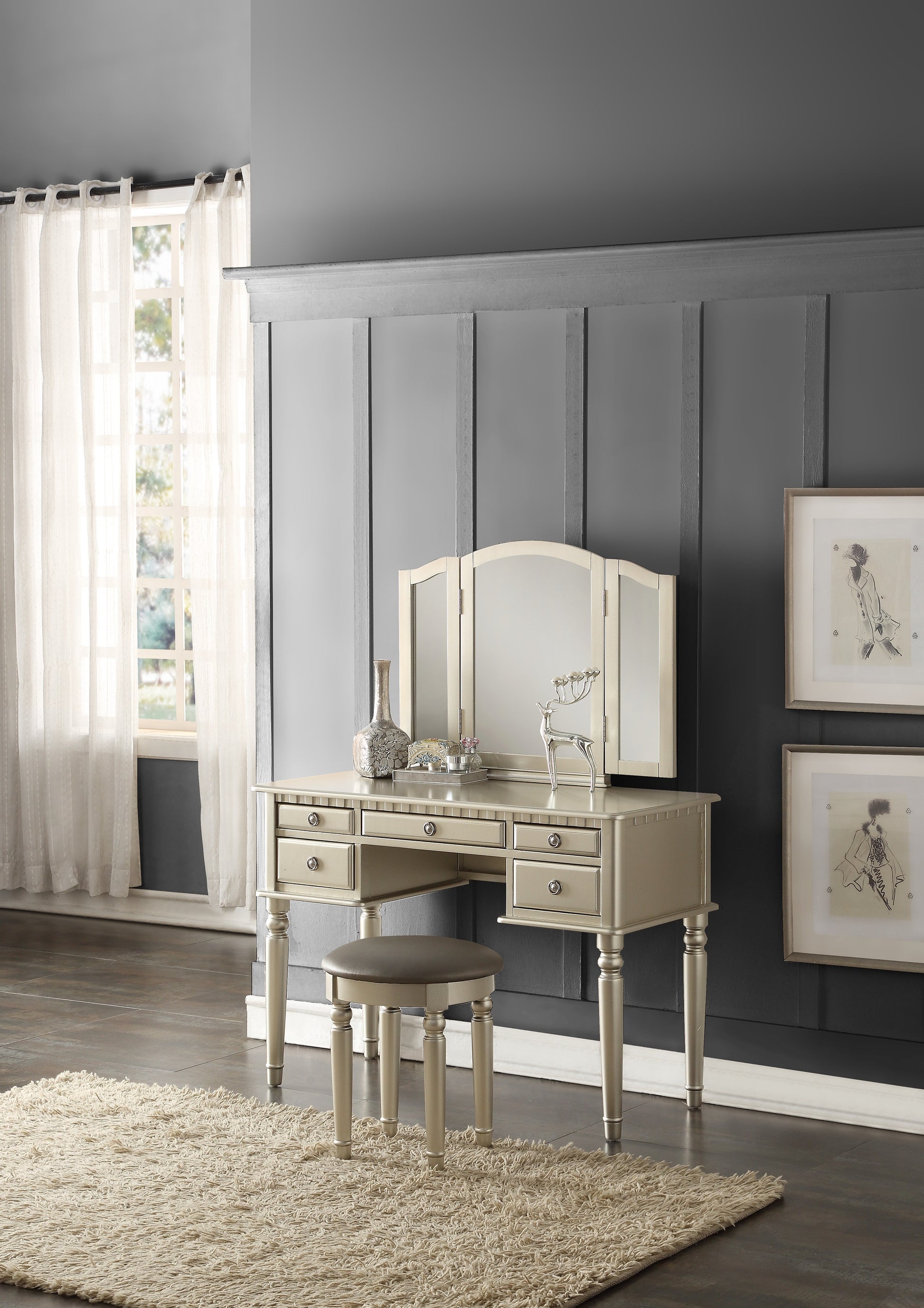 Champagne gold vanity table with trifold mirror and cushioned stool
