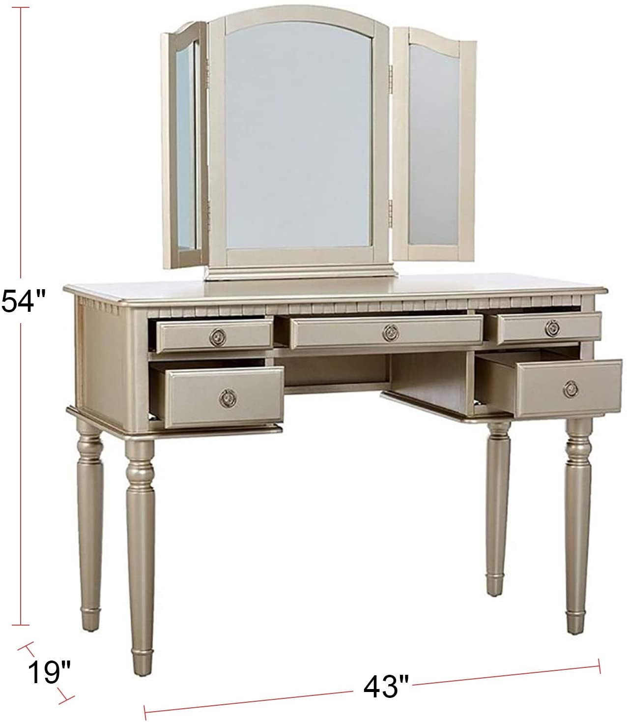 Silver vanity table with trifold mirror and ornate drawer pulls