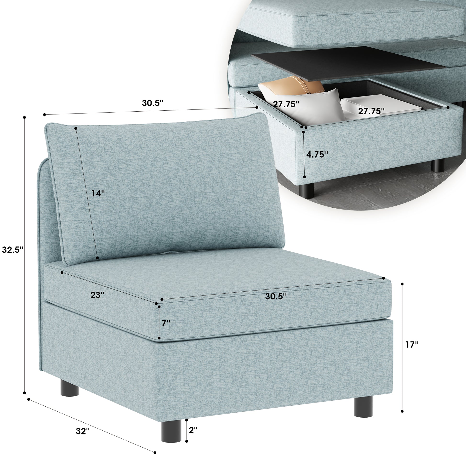 Pale blue upholstered modular armchair with hidden storage compartment shown open
