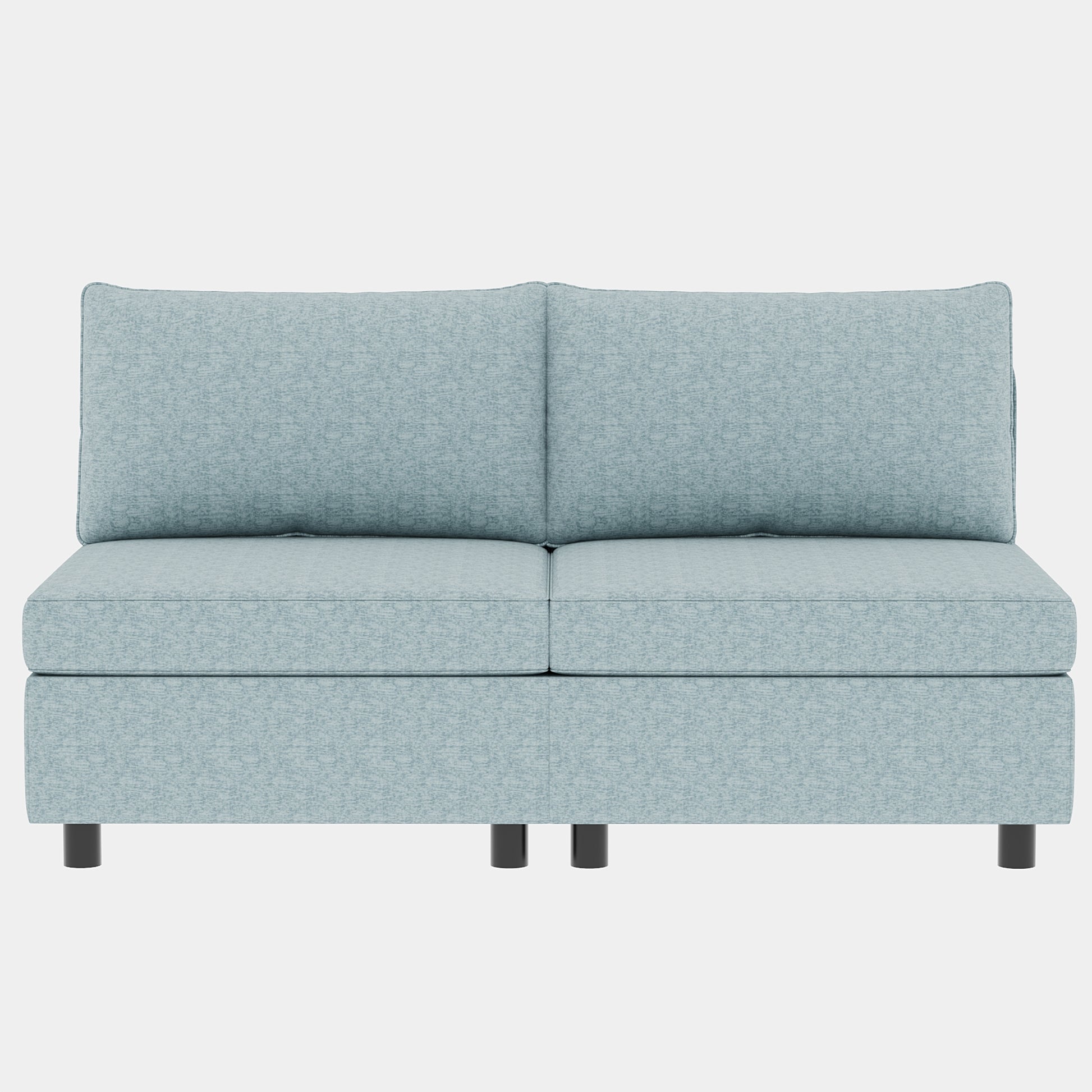 Sky blue upholstered loveseat with modern square design and black legs