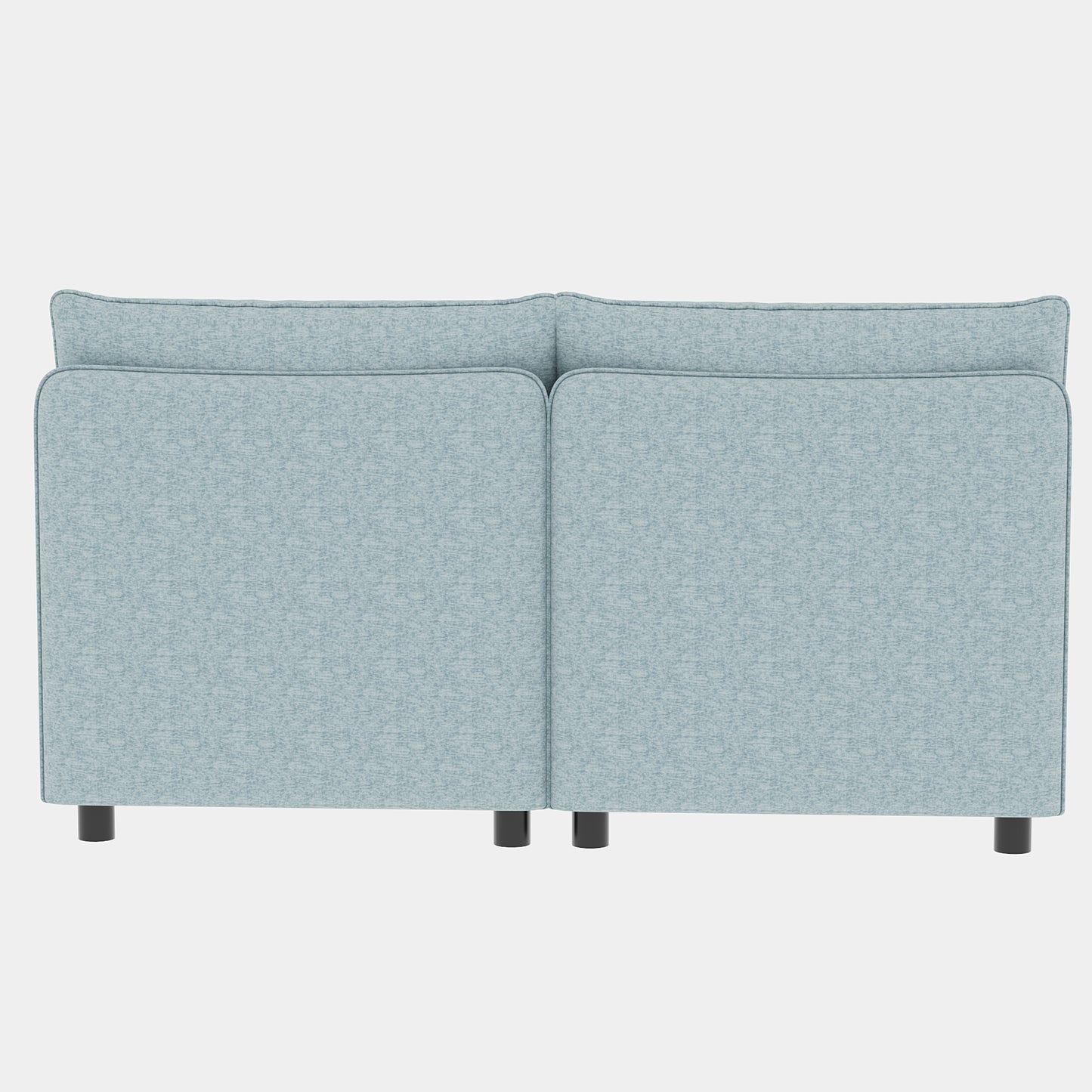Back view of a light blue textured fabric sofa with two seats and black cylindrical legs