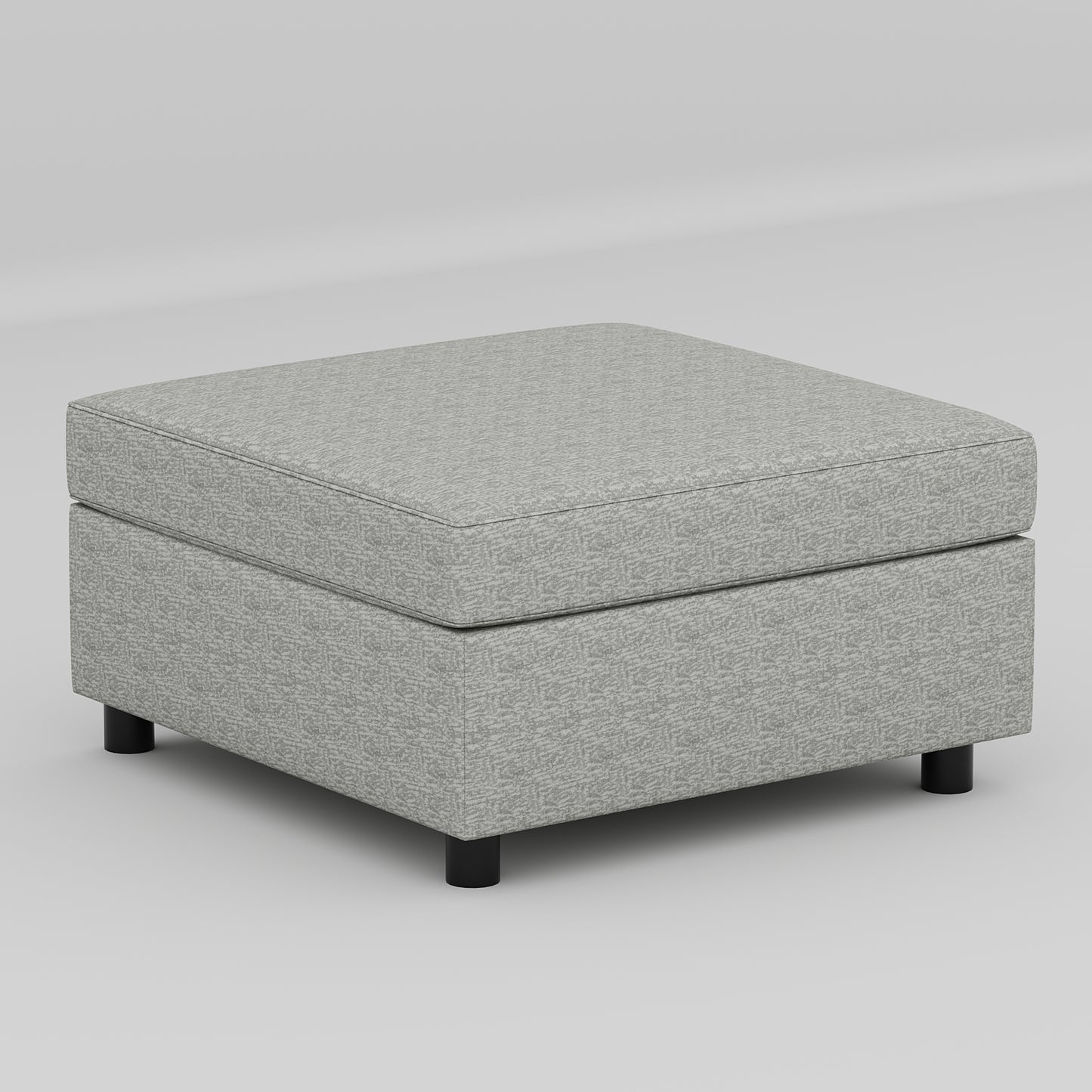 Plush square ottoman in textured grey fabric with minimalist black legs