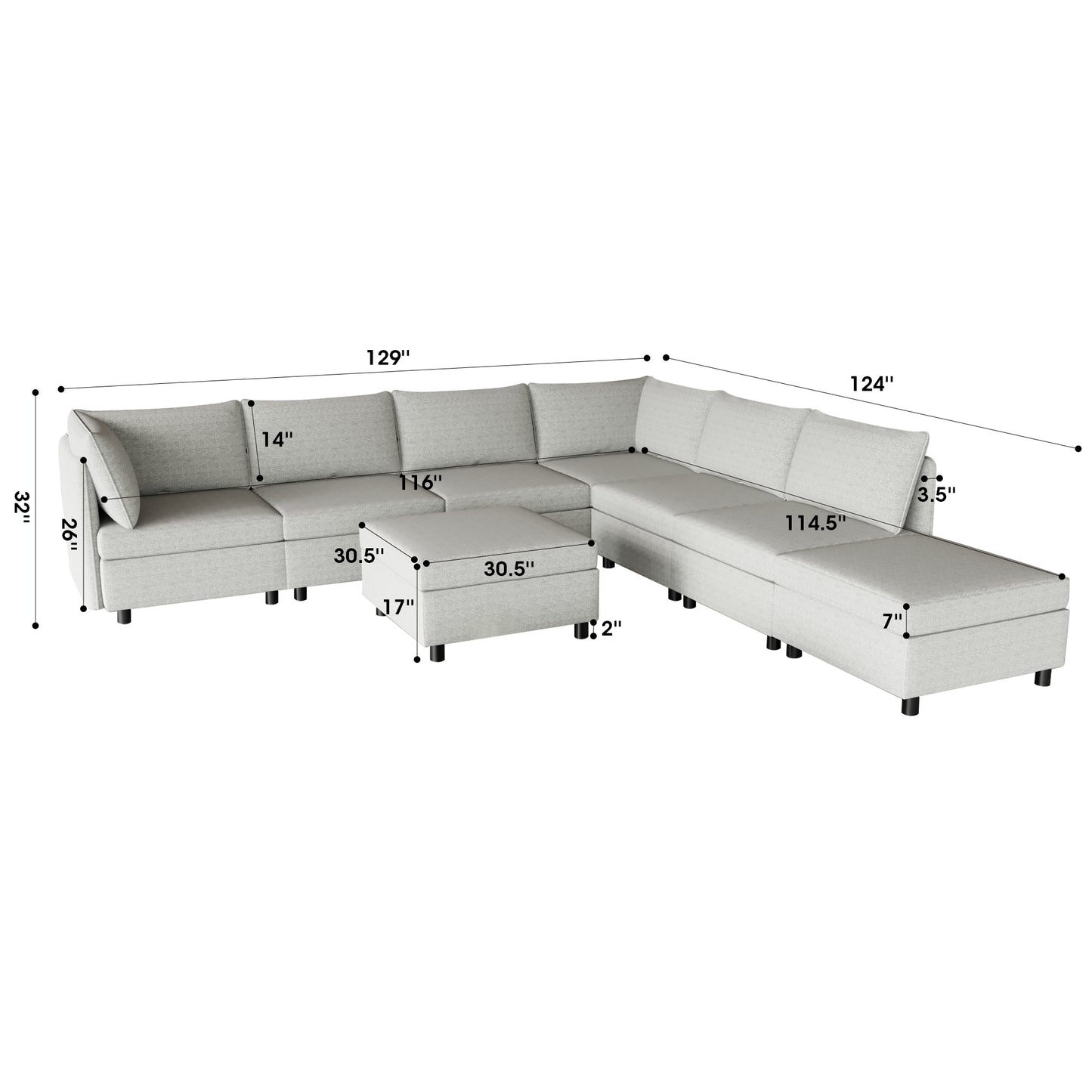 Light gray fabric sectional sofa with chaise lounge and ottoman  inches wide