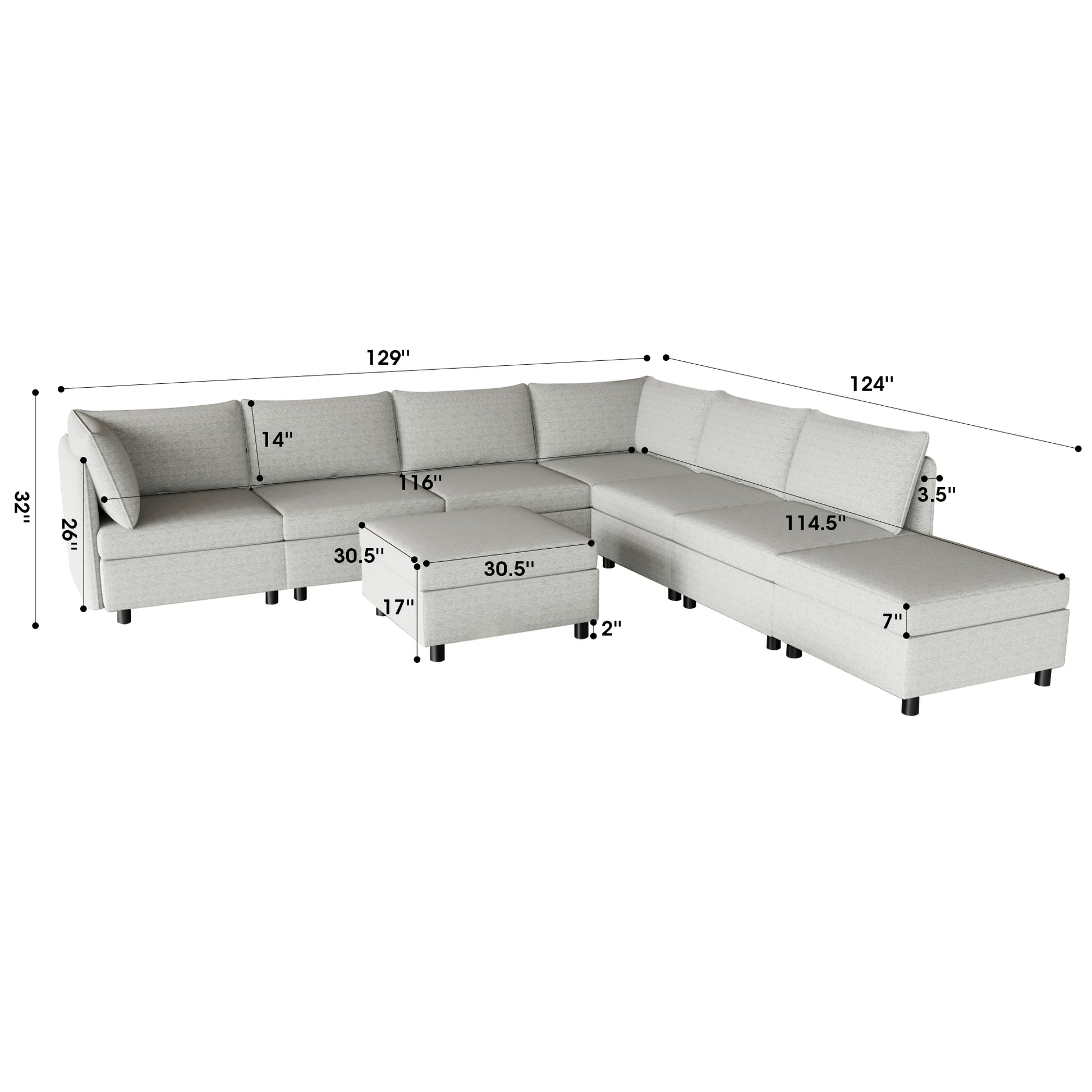 Light gray fabric sectional sofa with chaise lounge and ottoman  inches wide
