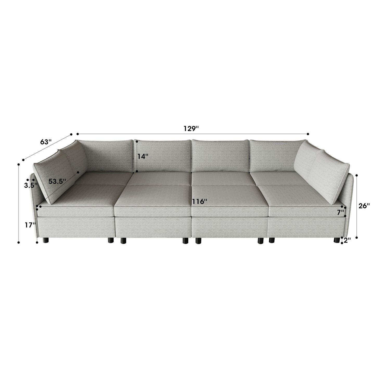 Light gray sectional sofa with tufted seat cushions and accent pillows  wide