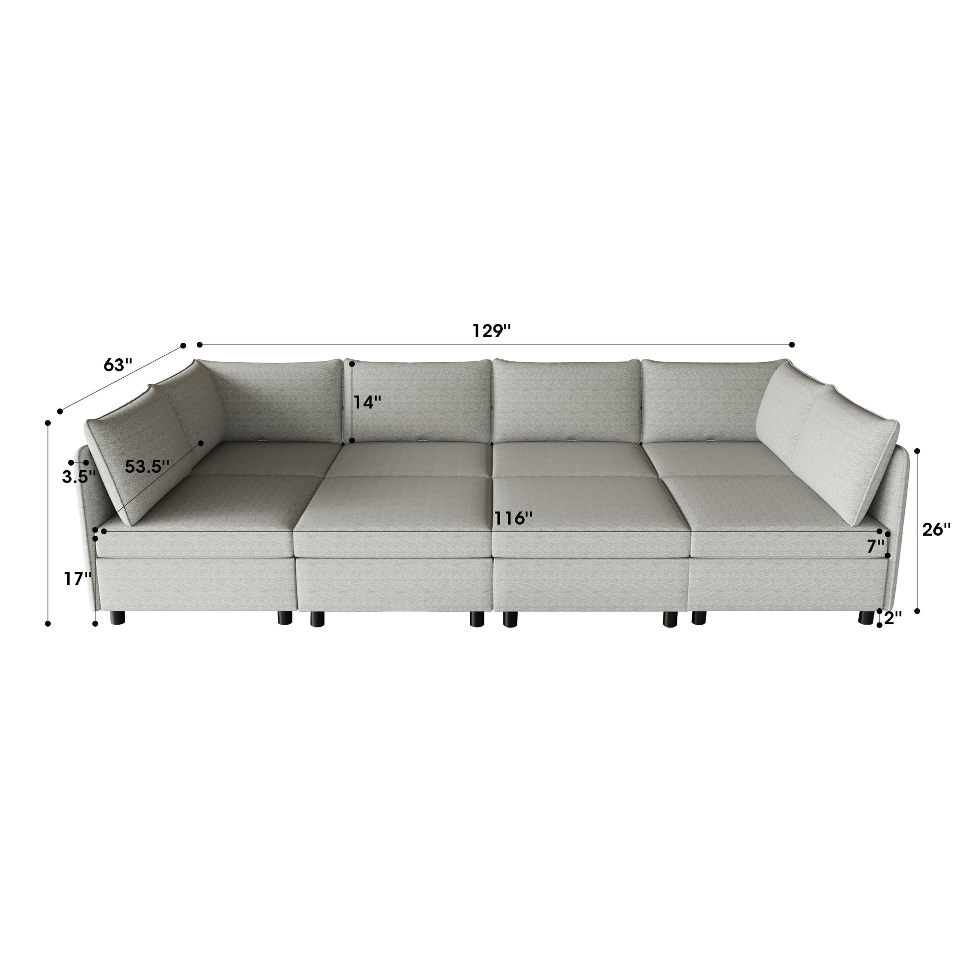 Light gray sectional sofa with tufted seat cushions and accent pillows  wide