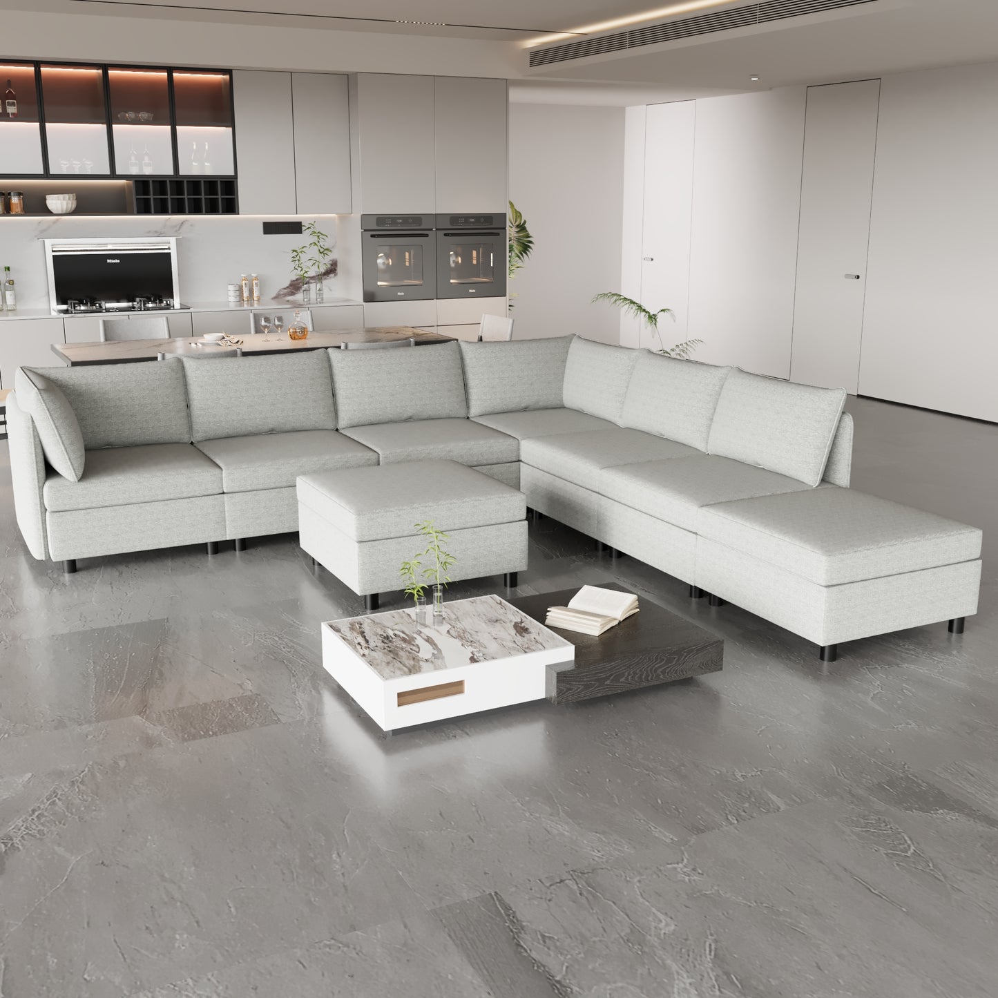 Light gray fabric sectional sofa with detached ottoman and modern coffee table