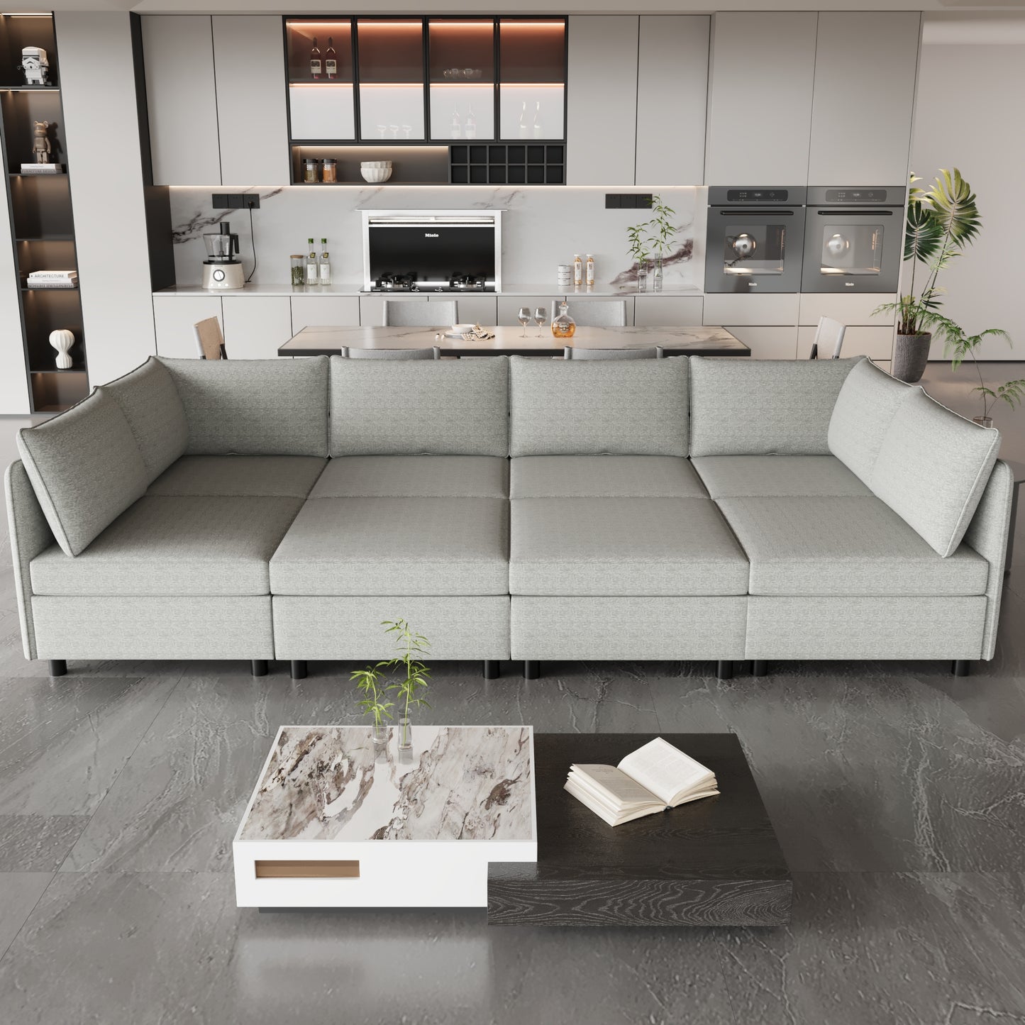 Light grey modular sectional sofa with textured fabric contemporary living room centerpiece