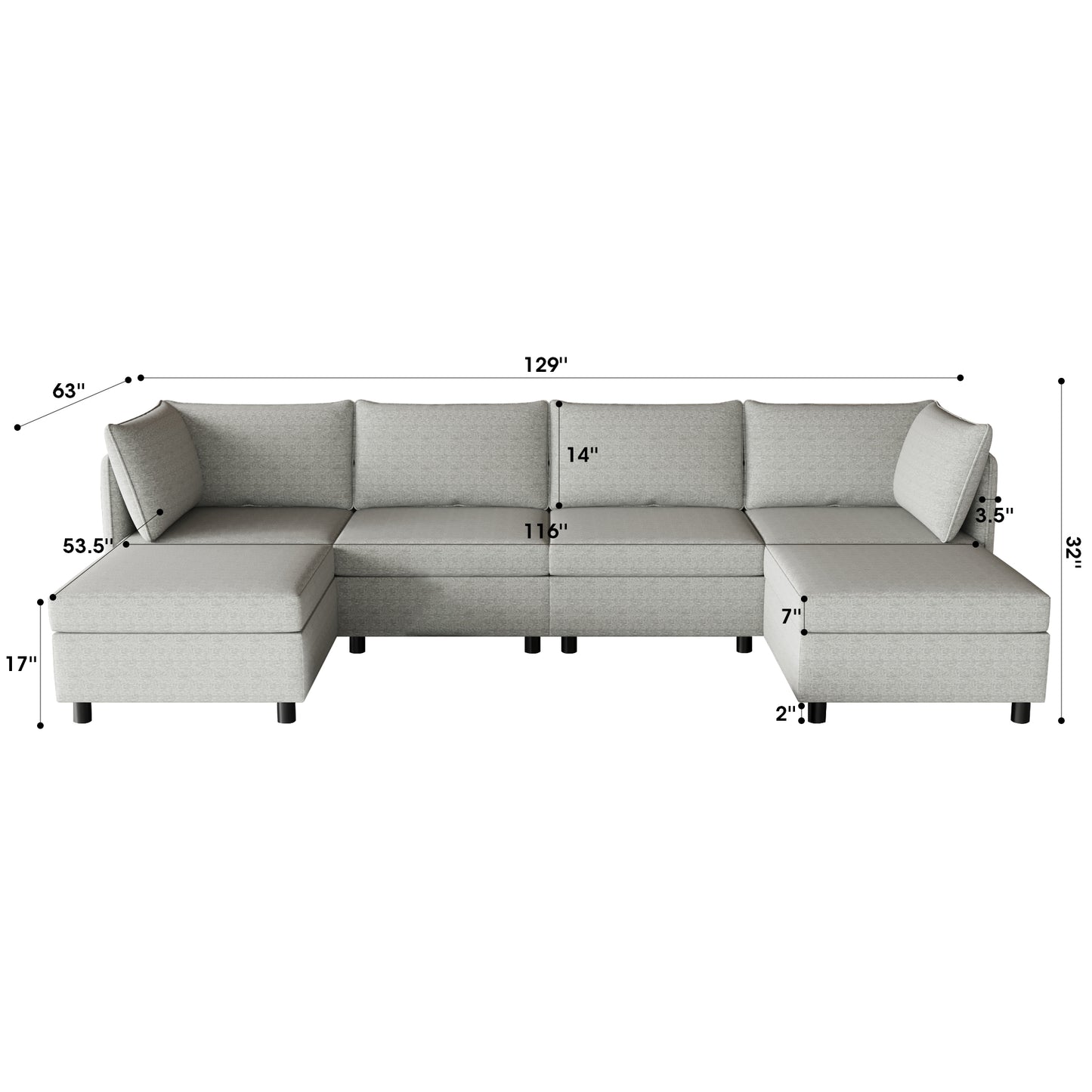 Light gray Ushaped sectional sofa with two ottomans and plush cushions for a modern living room