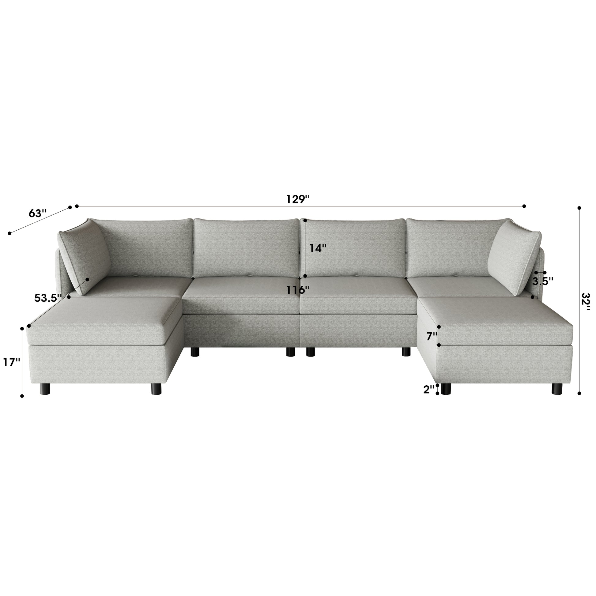 Light gray Ushaped sectional sofa with two ottomans and plush cushions for a modern living room