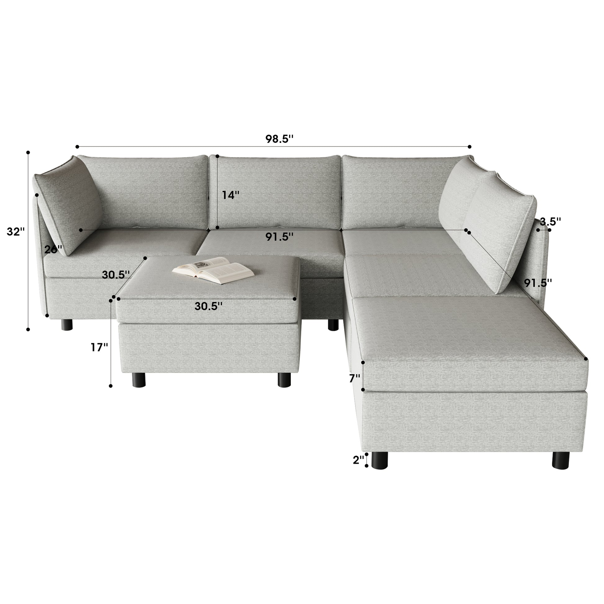 Light gray upholstered sectional sofa with Lshaped chaise and ottoman