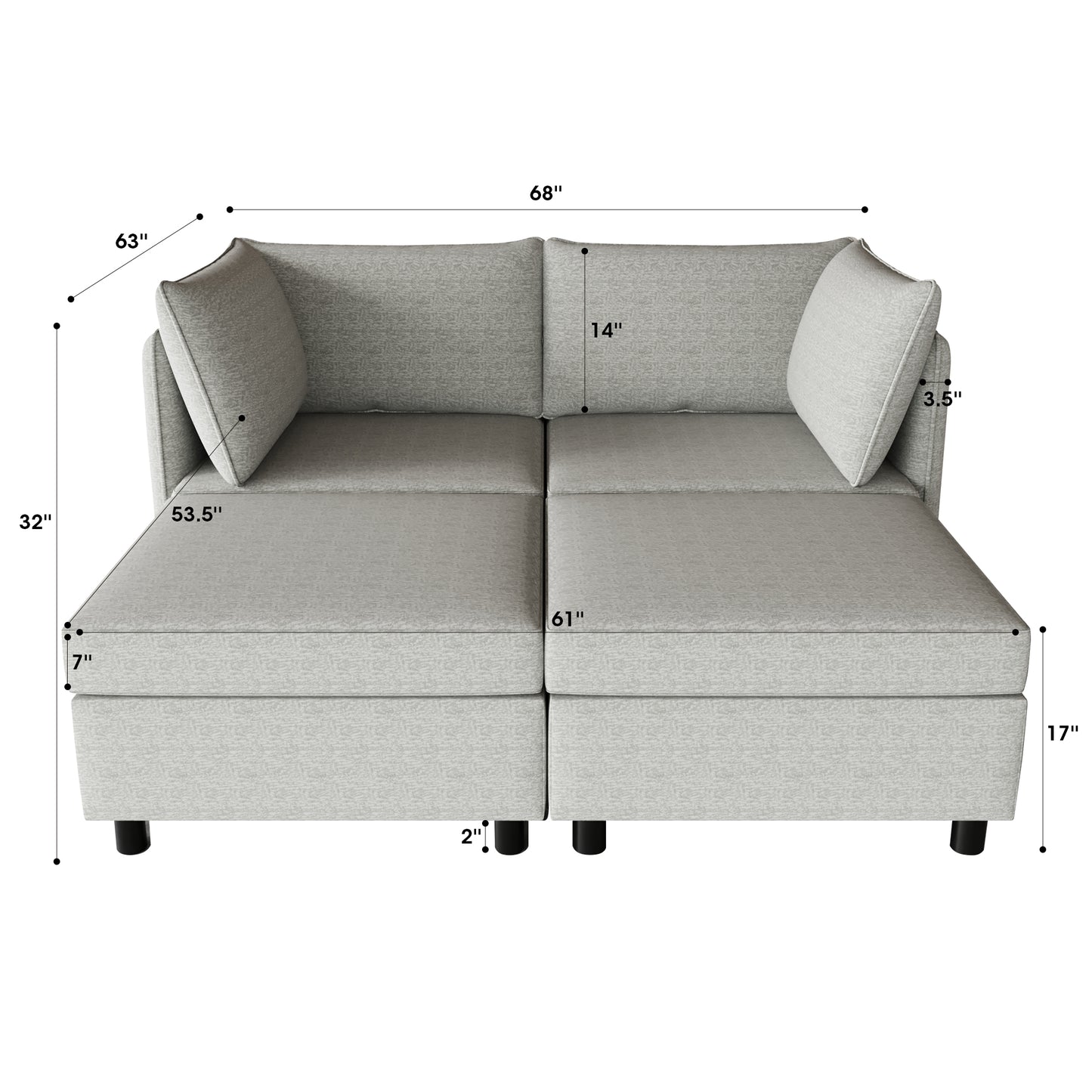 Light grey sectional sofa with modular seating and armless design
