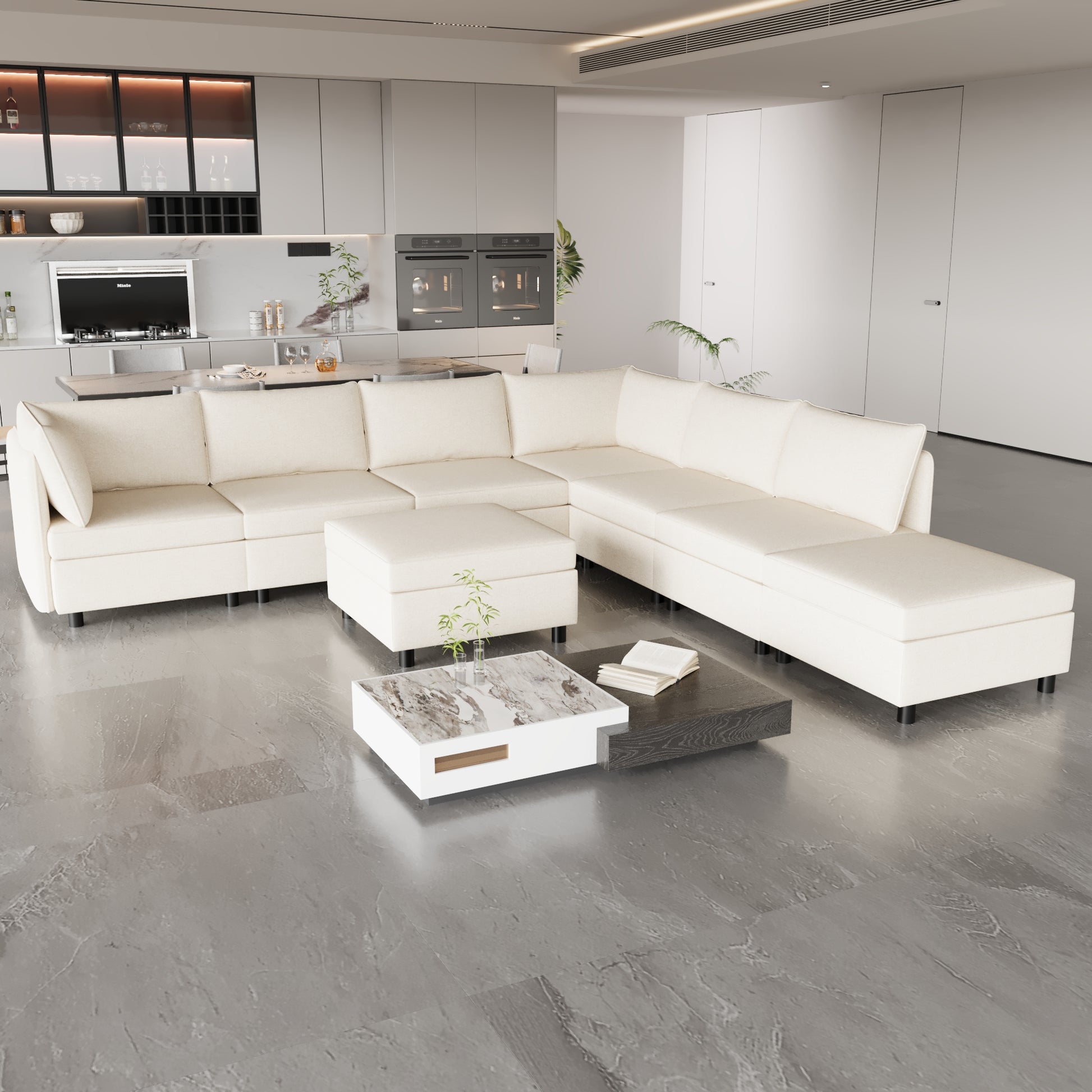 Plush cream fabric sectional sofa with ottoman perfect for modern living rooms