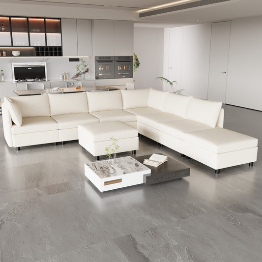 Plush cream fabric sectional sofa with ottoman perfect for modern living rooms