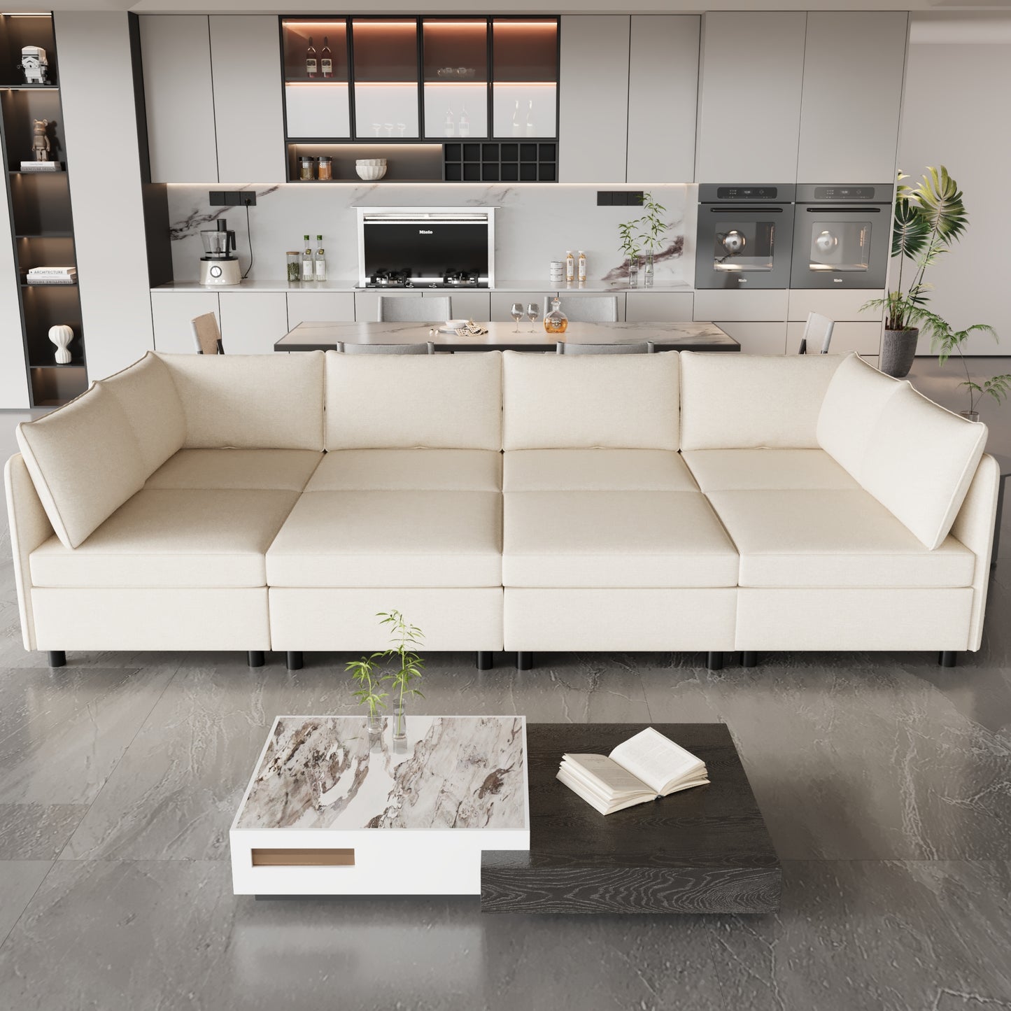 Cream modular sofa with dark legs in a modern living room setting