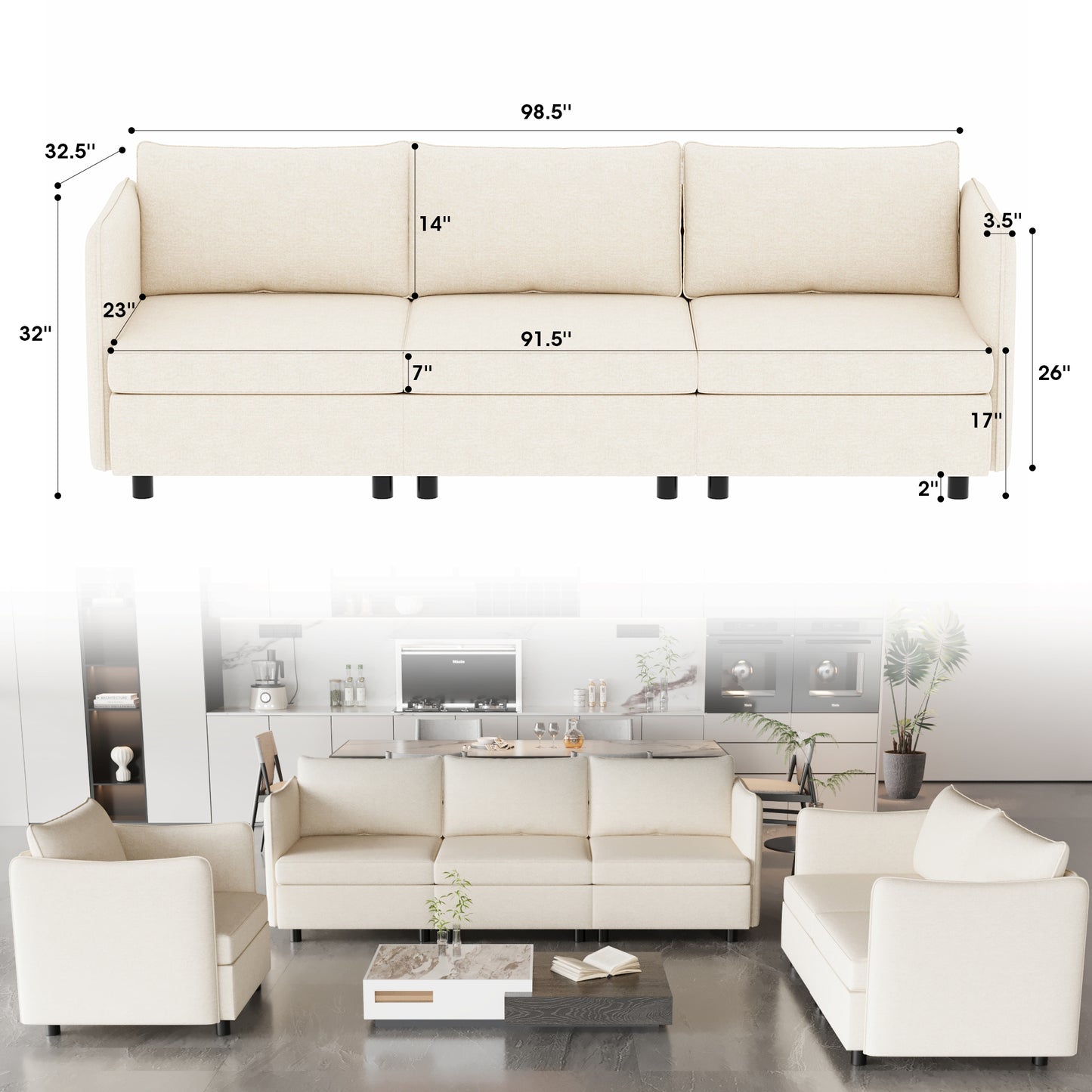 Modern beige fabric seater sofa with sleek dimensions for living room comfort