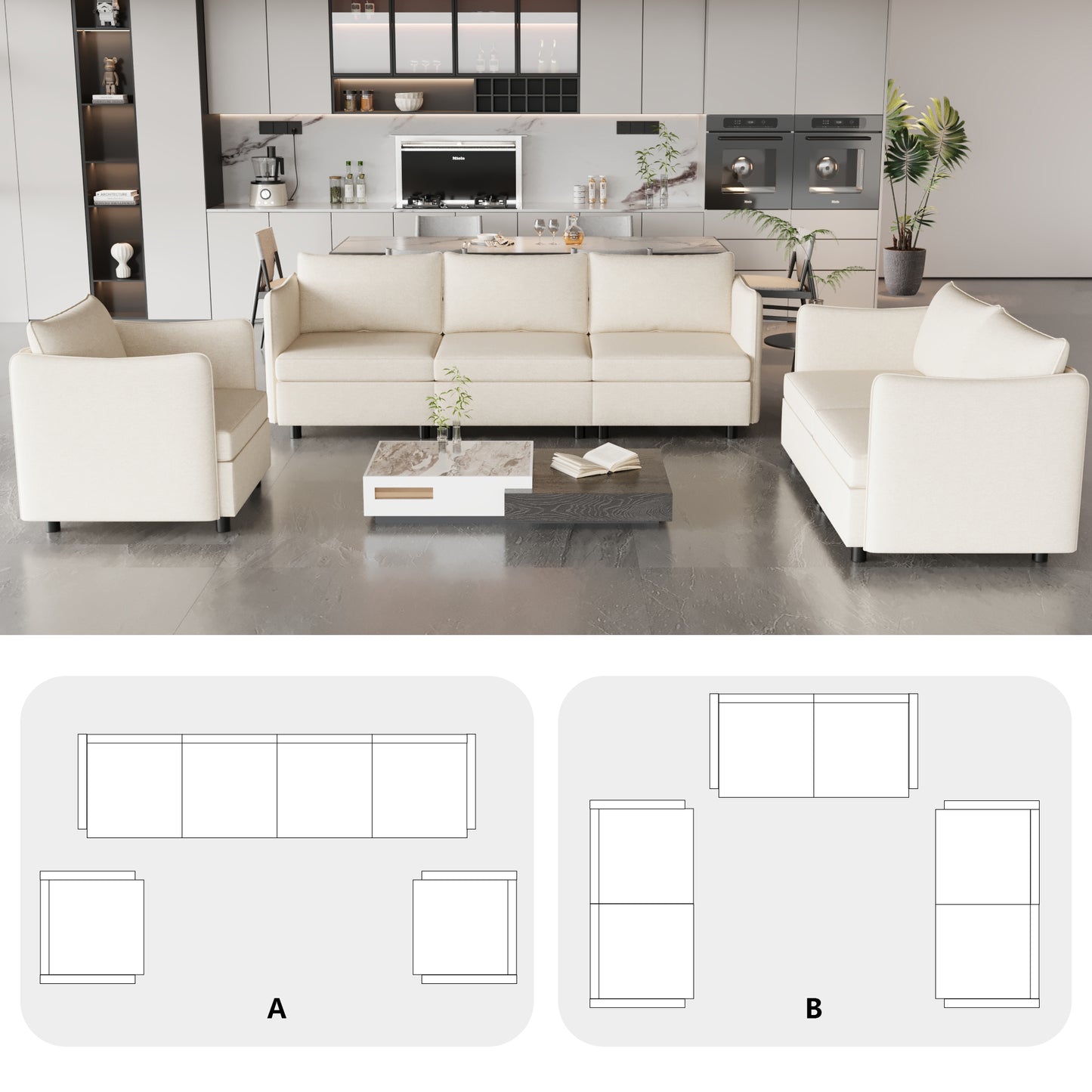 Beige fabric threeseater sofa with modern clean lines and plush cushions