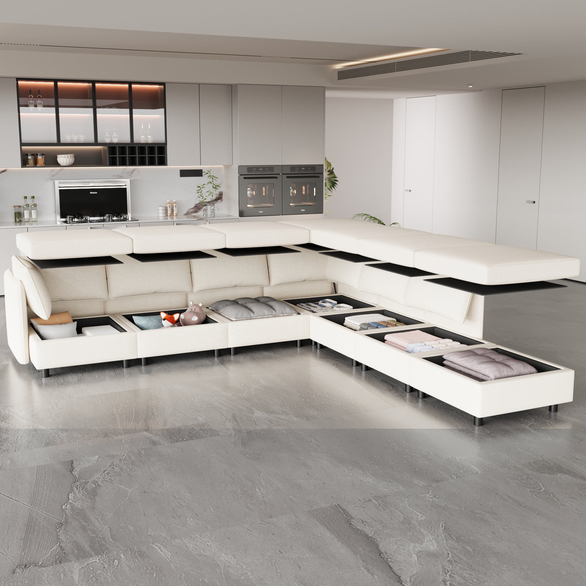 Cream sectional sofa with ample storage compartments revealed displaying blankets and cushions