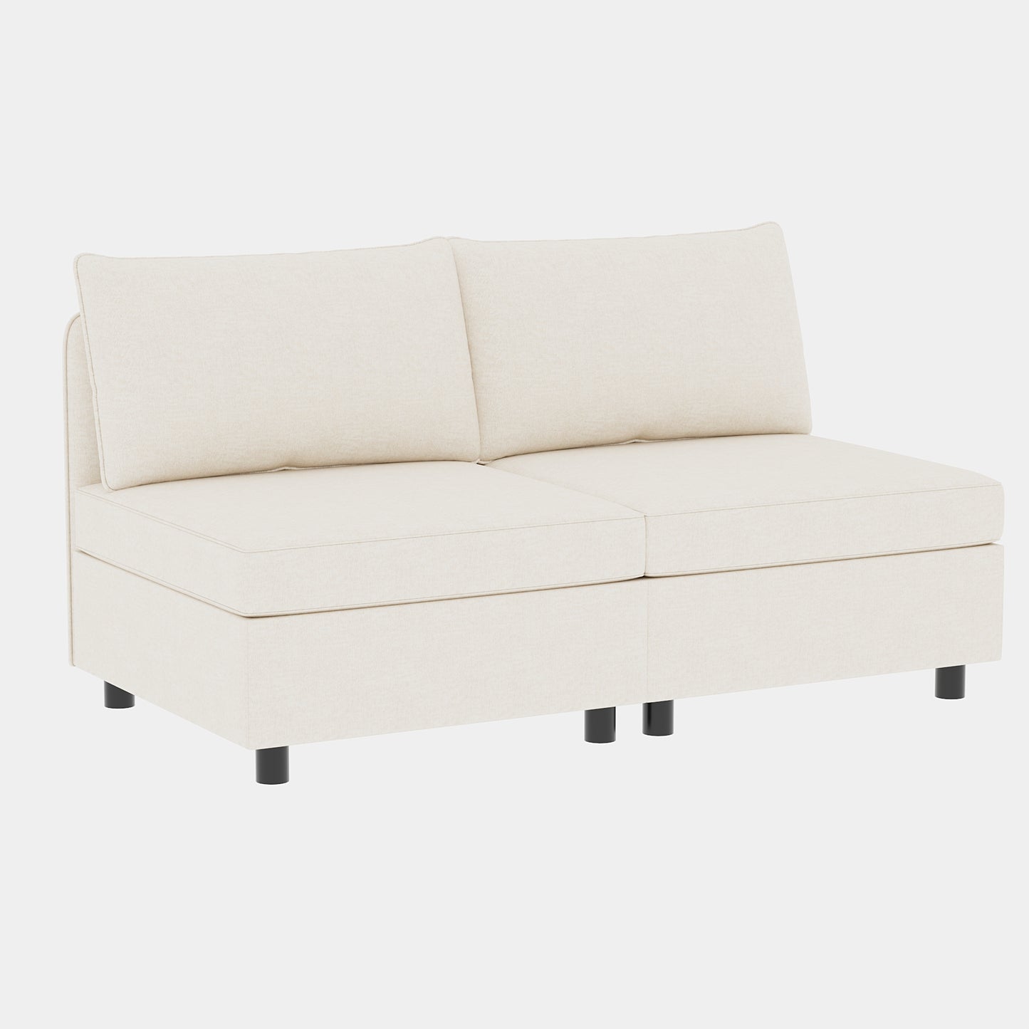 Cream fabric armless sofa with clean lines and modern black legs