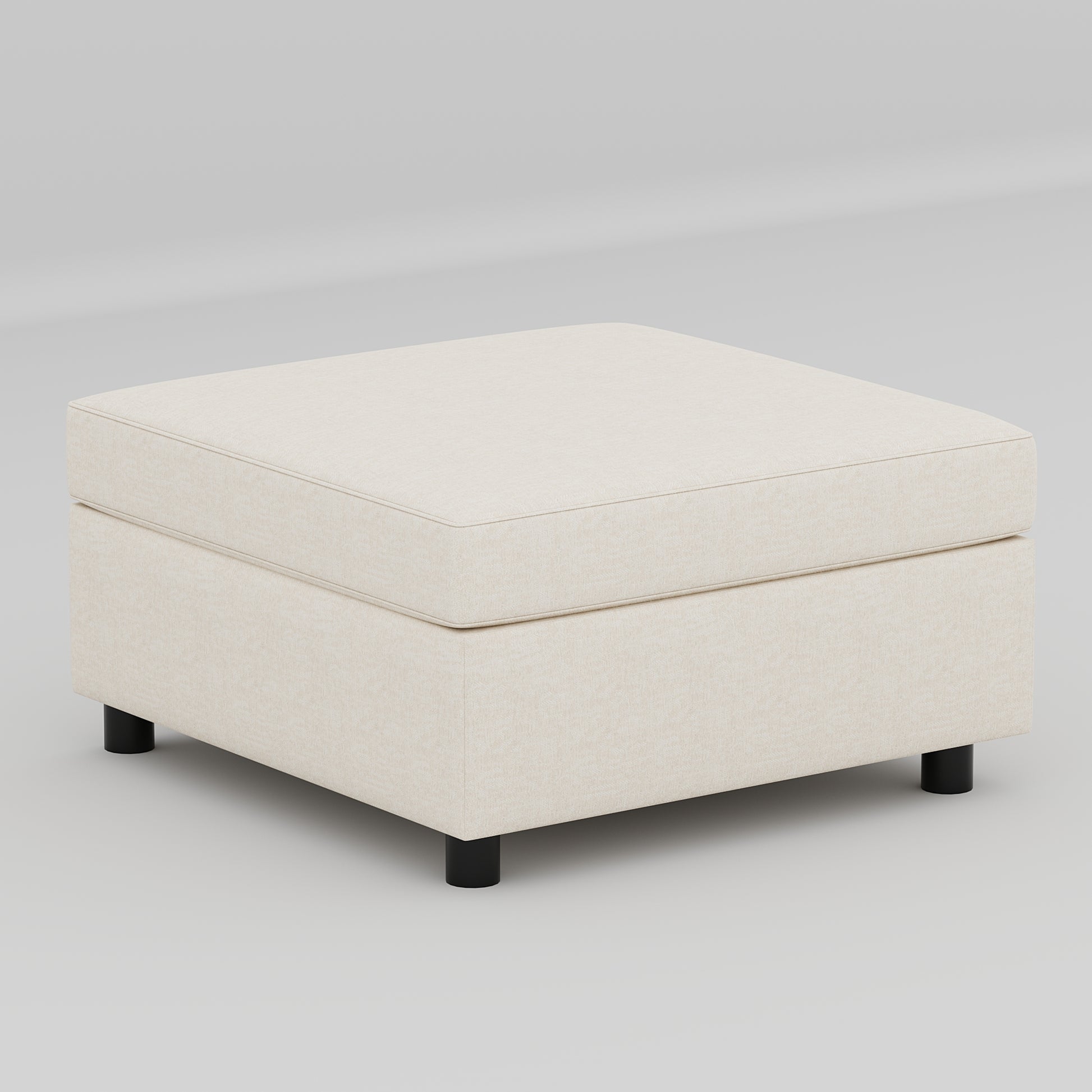 Upholstered square ottoman in cream linen fabric with short black legs