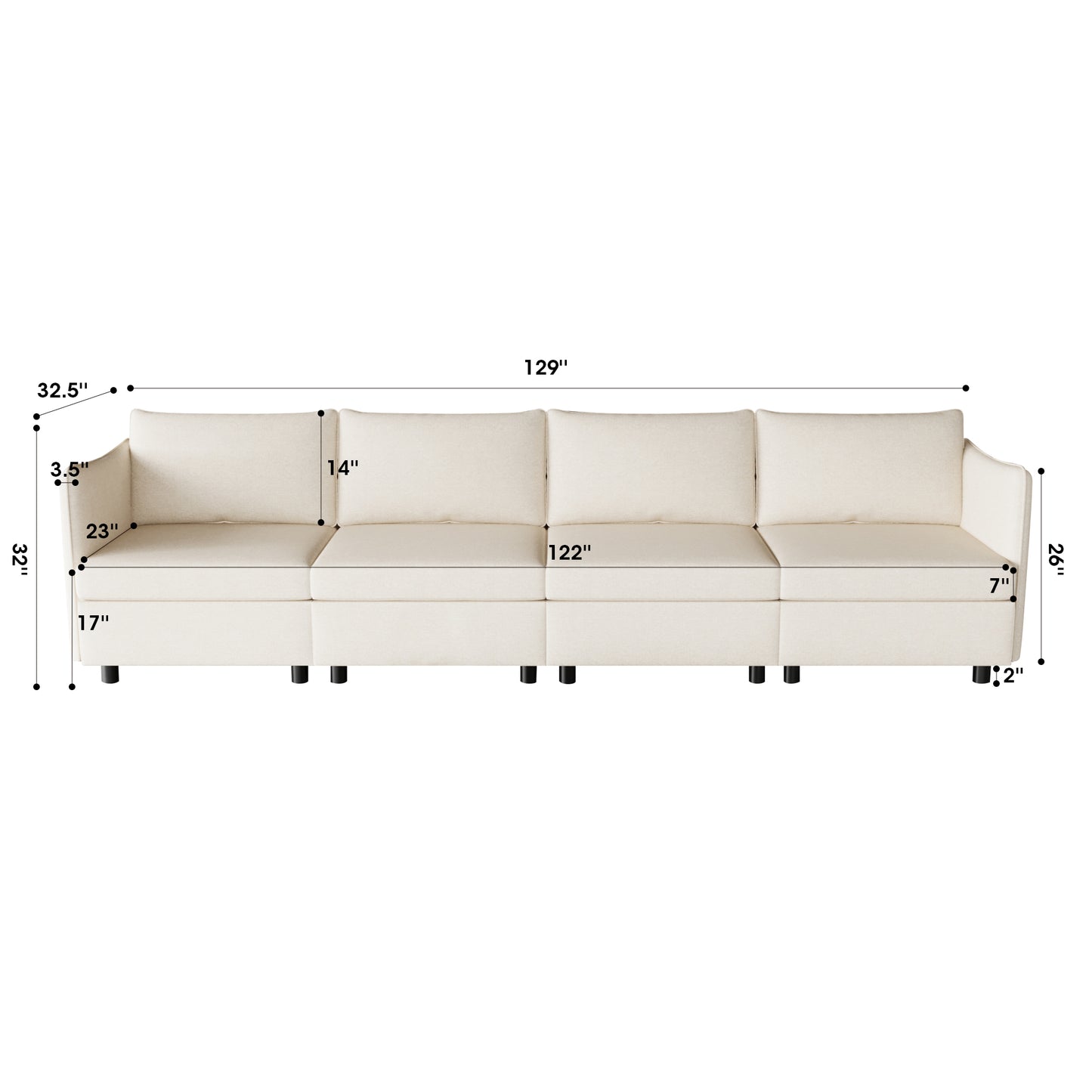 Cream fabric sectional sofa with plush cushions and black block feet  inches wide