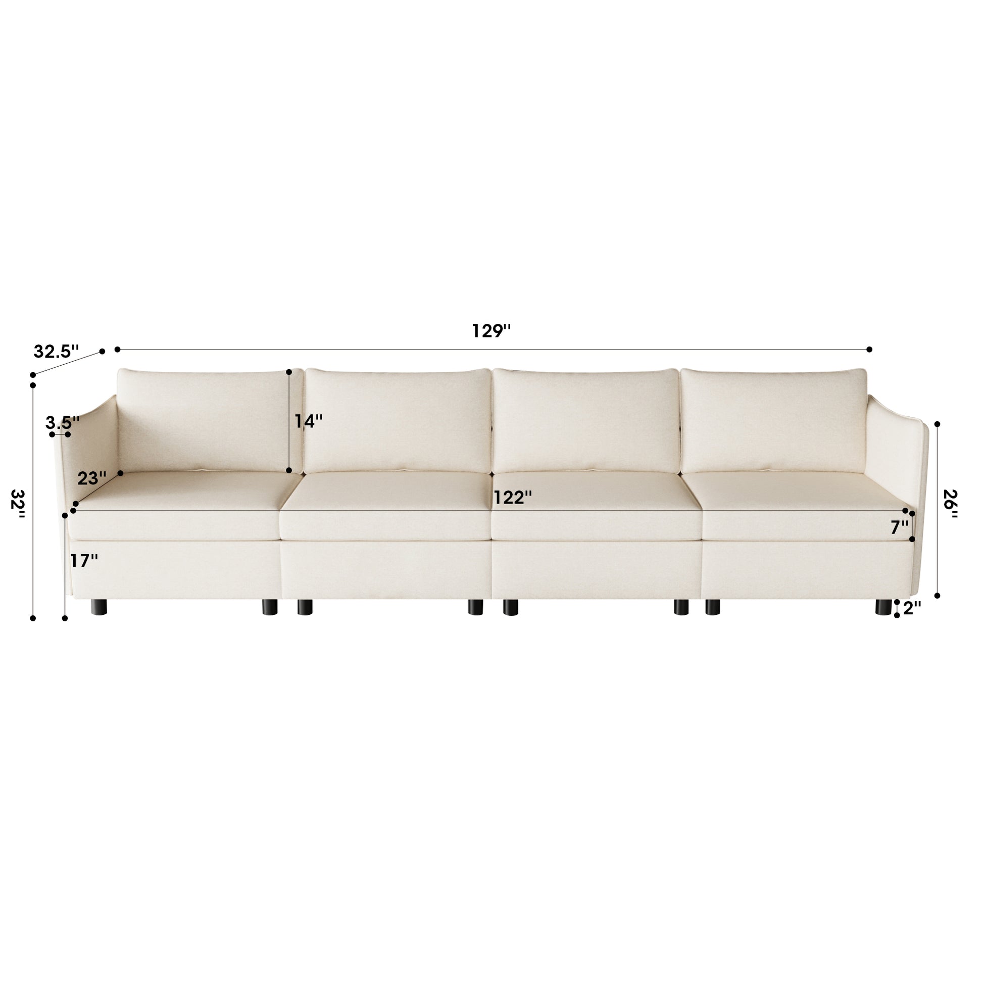 Cream fabric sectional sofa with plush cushions and black block feet  inches wide