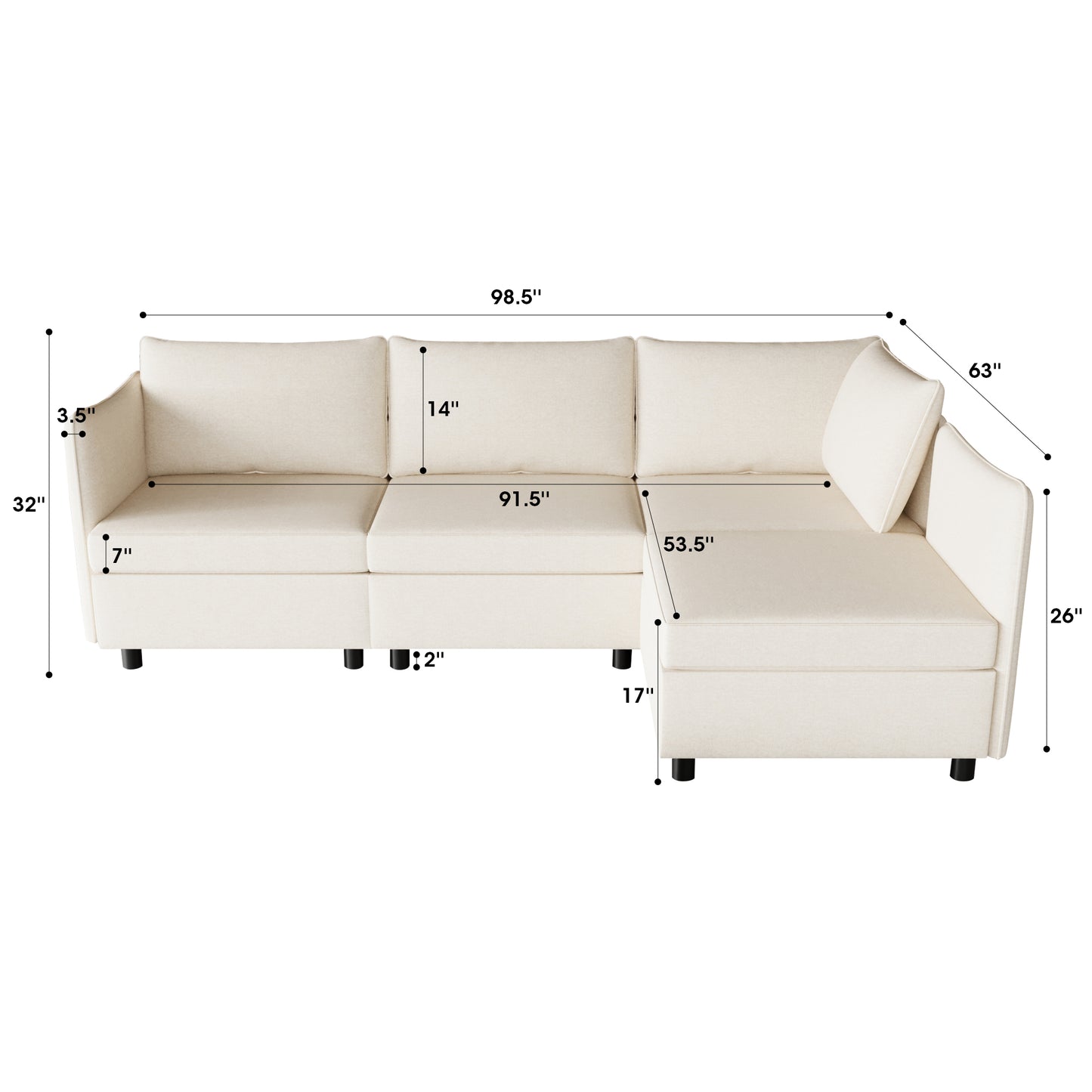 Ivory fabric sectional sofa with detailed dimensions for living room placement