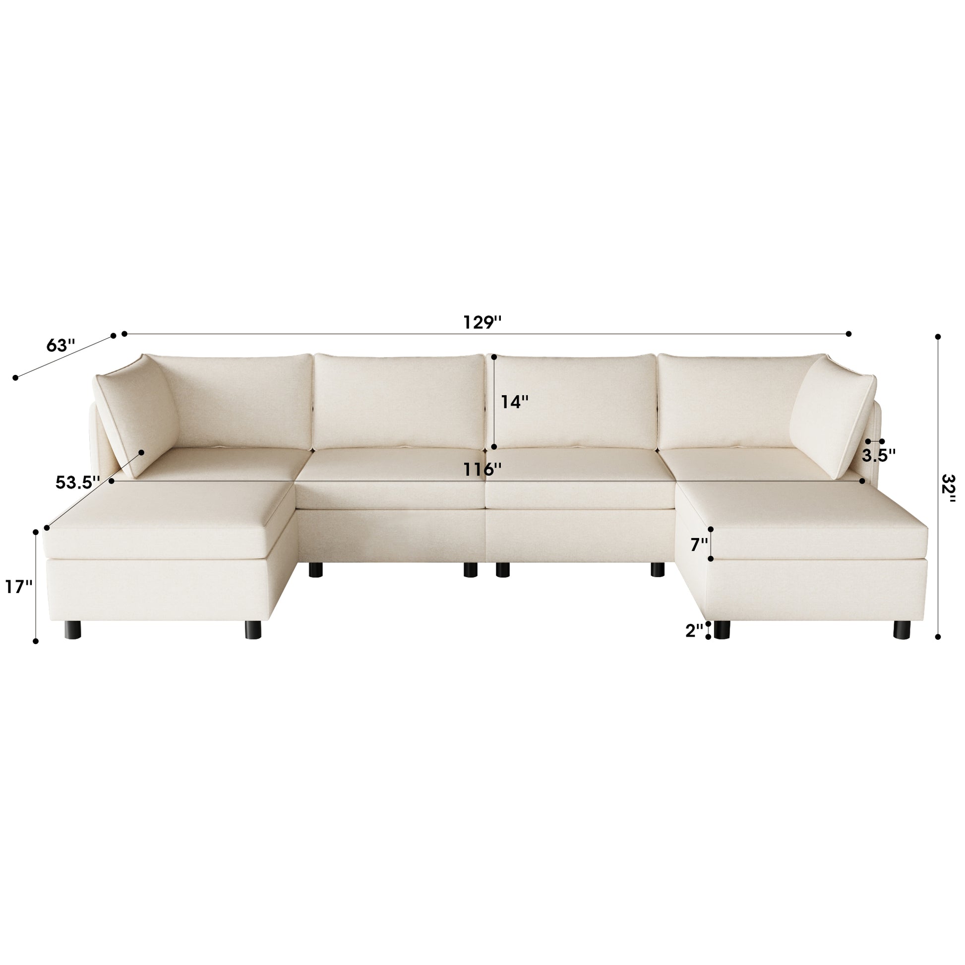 Cream Ushaped sectional sofa with chaise lounge and storage ottoman Fits large living rooms