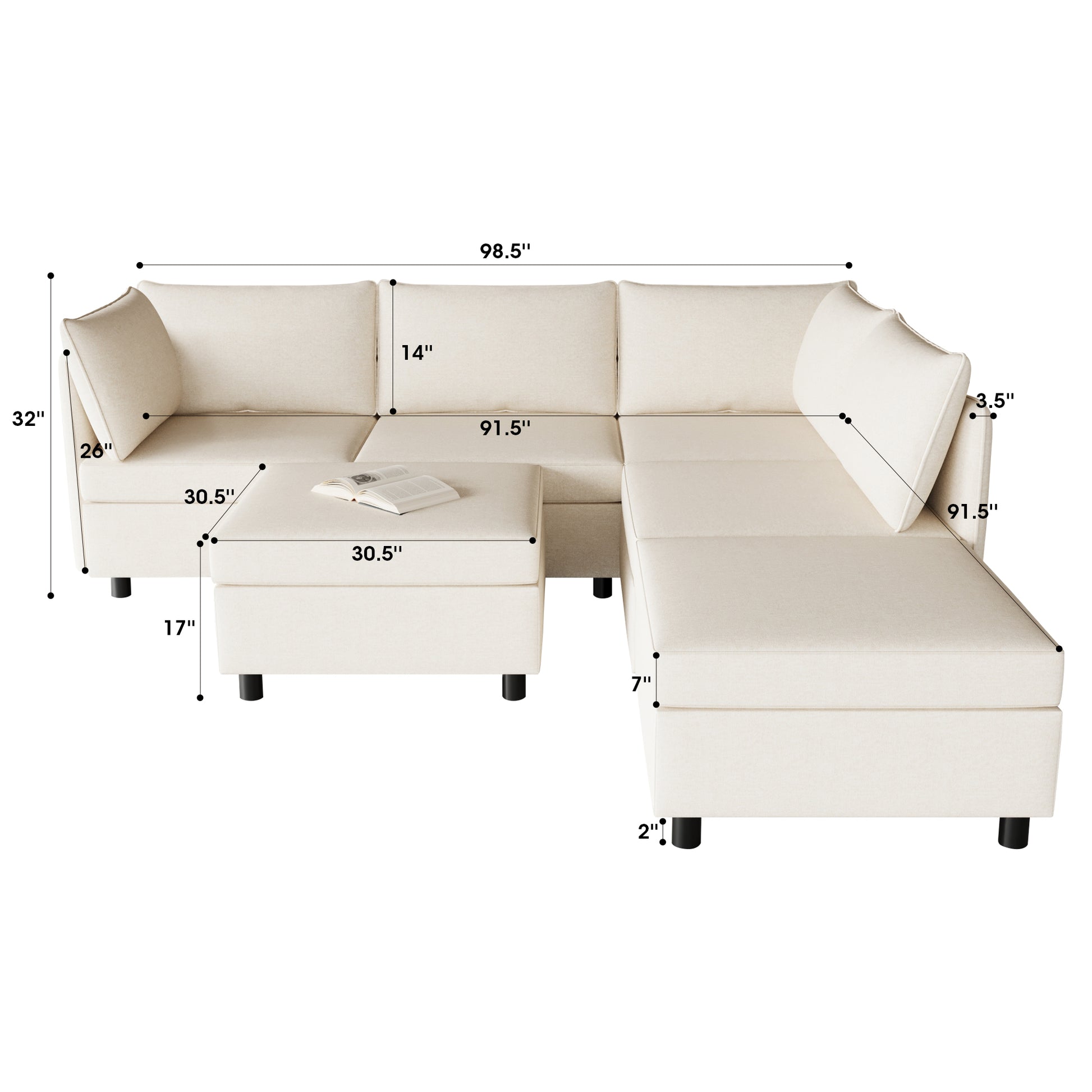 Cream fabric sectional sofa with chaise and ottoman Features clean lines and plush cushions perfect for modern living rooms