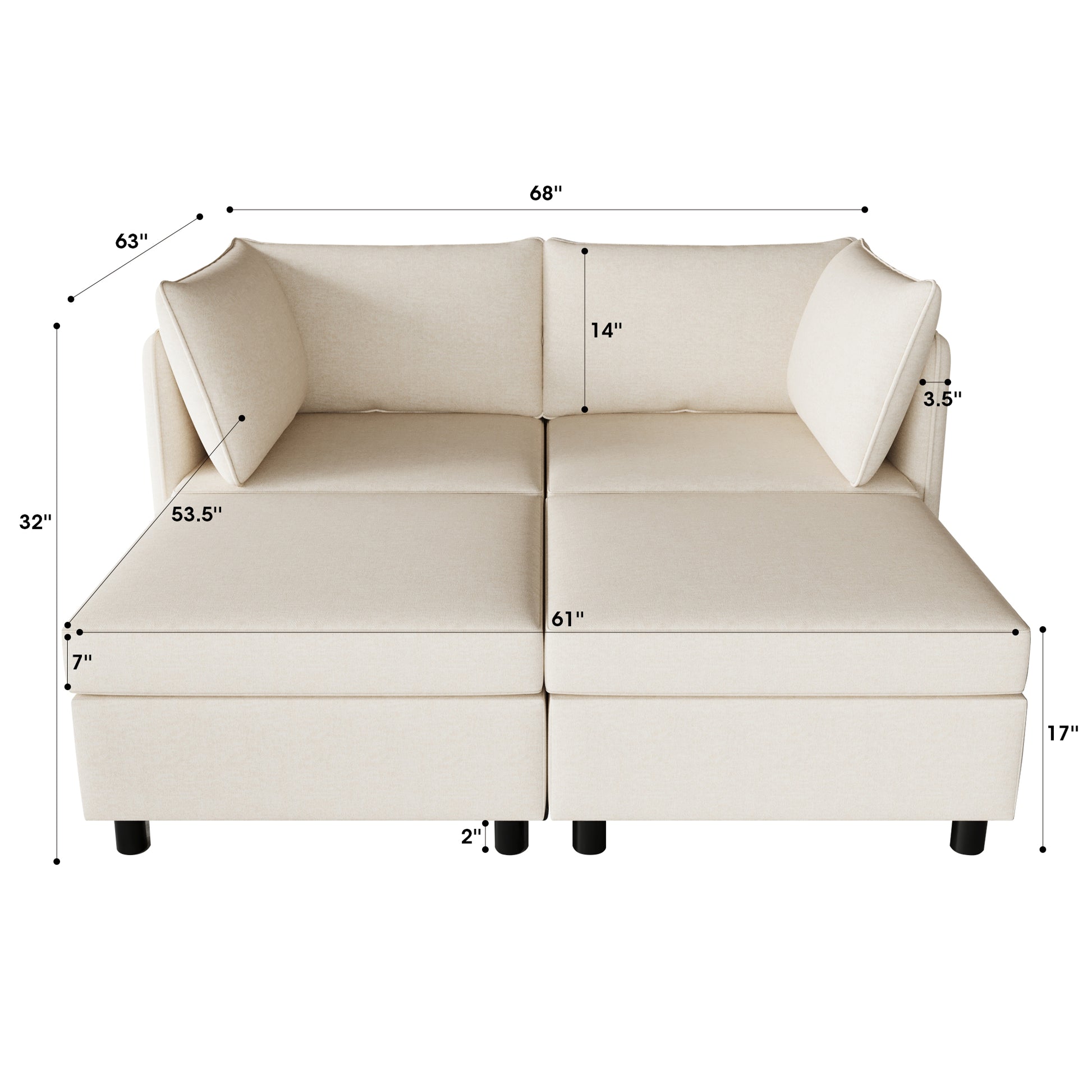 Cream upholstered sofa with sectional configuration and visible dimensions