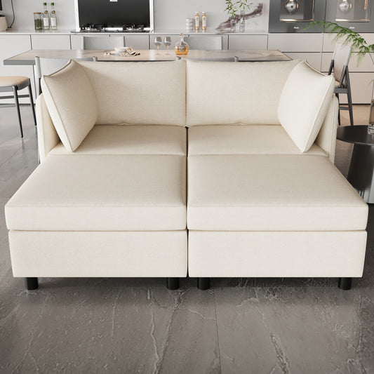 Plush cream linen sofa with two seat cushions and detached back pillows