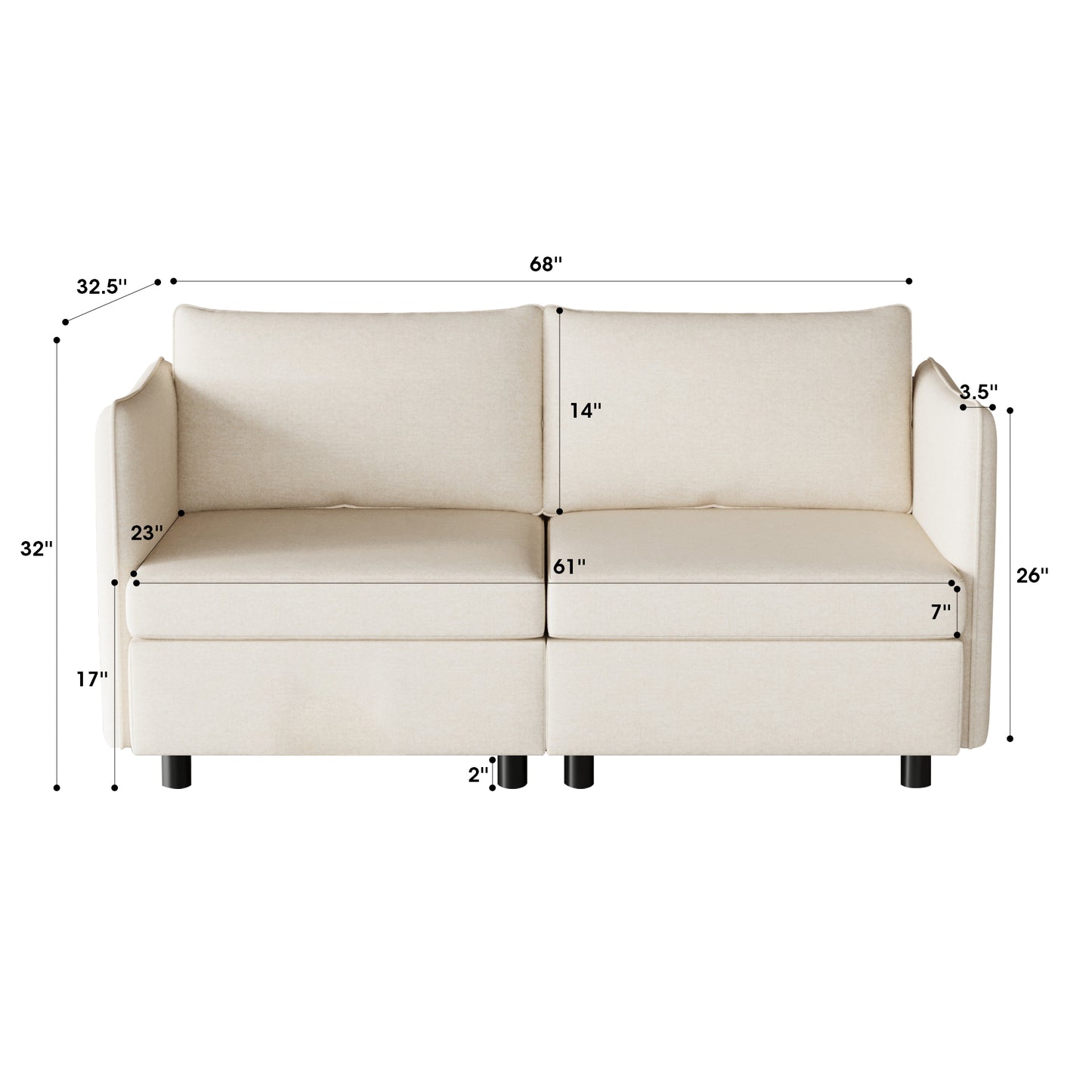 Beige fabric loveseat with detailed dimensions shown ideal for small spaces