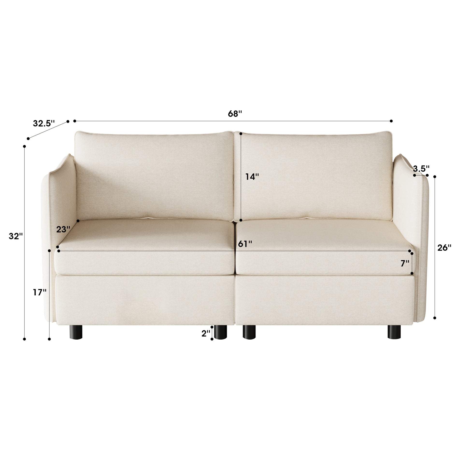 Beige fabric loveseat with detailed dimensions shown ideal for small spaces