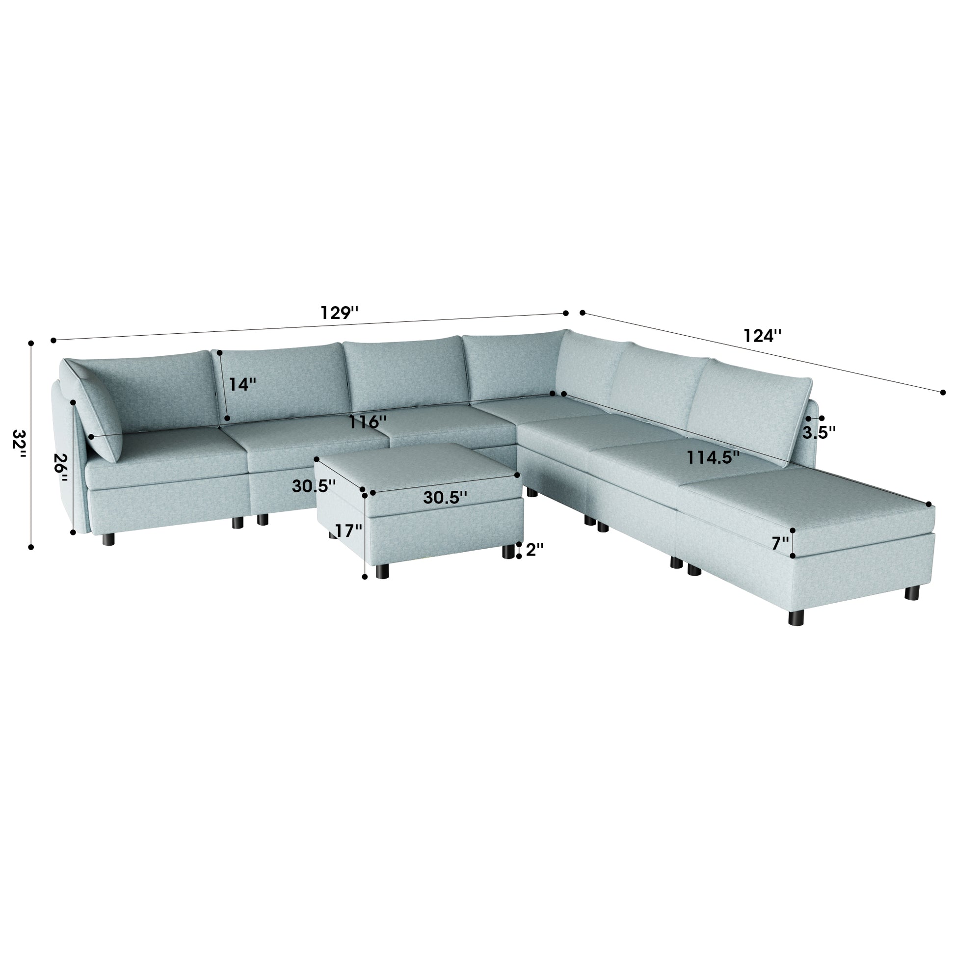 Light blue sectional sofa with ottoman and detailed dimensions for living room