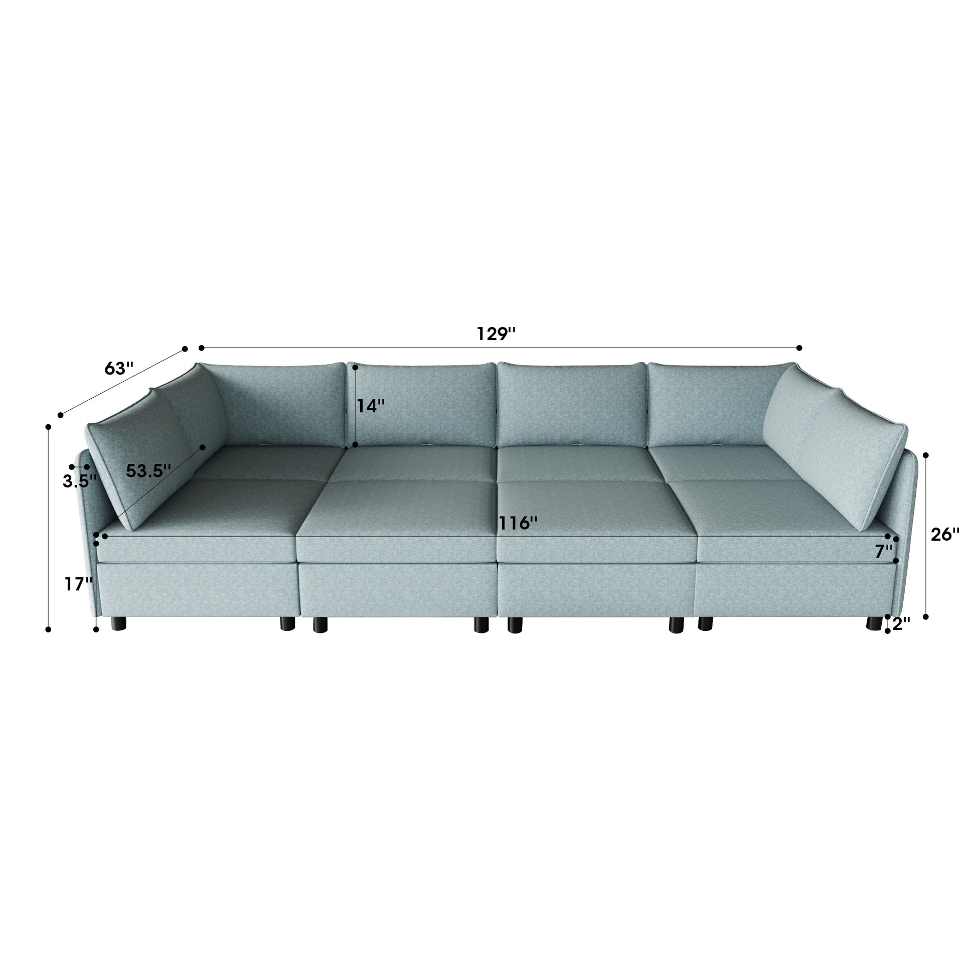 Light blue upholstered sectional sofa  inches long modern design